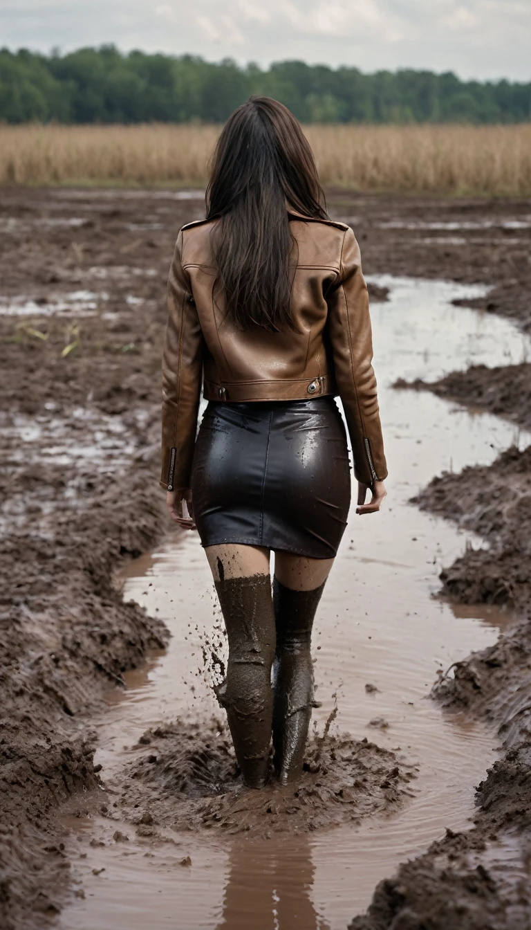 8k, ultra-detailed, grainy film photo, masterpiece, ultra-detailed, back view:1.0, muffled colors, muted light:1.0, provocative pose, stockings, leather jacket, pencil skirt, woman drowning in mud bog, long brunette hair, depraved, beige, brown,