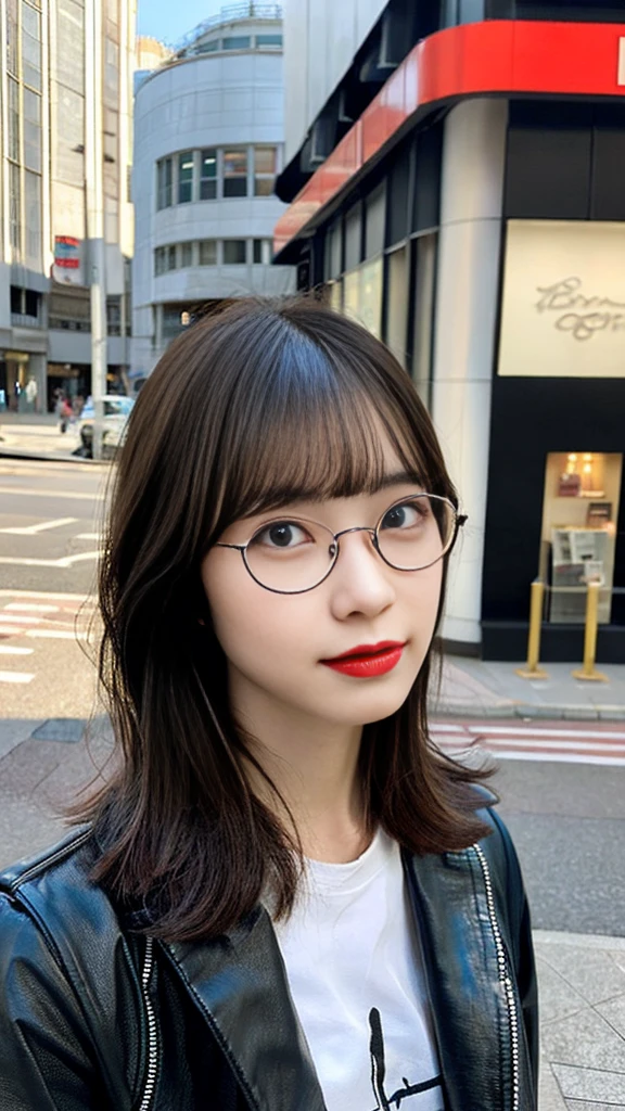 Design an image of a young Japanese woman with a modern and stylish appearance. She has short, sleek black hair with a slightly edgy cut. She is wearing trendy, oversized eyeglasses with a bold frame that adds a touch of sophistication. Her makeup is minimal but striking, with a flawless base, bold eyeliner, and a matte red lip. She is dressed in a contemporary, fashionable outfit such as a leather jacket, a graphic tee, and high-waisted pants. The background is an urban street scene with modern architecture and street art. She is leaning against a wall, looking confidently at the camera with a slight smirk，a beautiful japanese girl, intricate details, random hairstyle, (best quality,8k,ultra-detailed,hyper-realistic,photorealistic,masterpiece:1.3),extremely detailed face and eyes,long eyelashes,beautiful skin,flawless,natural lighting,cinematic composition,vibrant colors,stunning．
