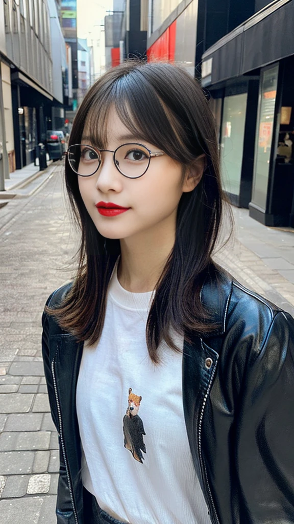 Design an image of a young Japanese woman with a modern and stylish appearance. She has short, sleek black hair with a slightly edgy cut. She is wearing trendy, oversized eyeglasses with a bold frame that adds a touch of sophistication. Her makeup is minimal but striking, with a flawless base, bold eyeliner, and a matte red lip. She is dressed in a contemporary, fashionable outfit such as a leather jacket, a graphic tee, and high-waisted pants. The background is an urban street scene with modern architecture and street art. She is leaning against a wall, looking confidently at the camera with a slight smirk,a beautiful japanese girl, intricate details, random hairstyle, (best quality,8k,ultra-detailed,hyper-realistic,photorealistic,masterpiece:1.3),extremely detailed face and eyes,long eyelashes,beautiful skin,flawless,natural lighting,cinematic composition,vibrant colors,stunning.