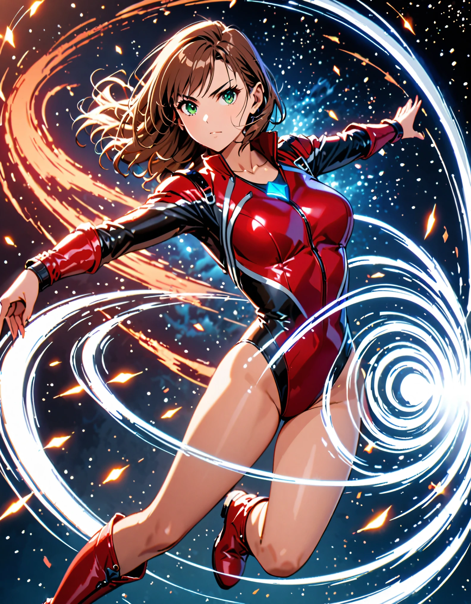 (masterpiece), (best quality), (high res), 1lady, tall body, beautiful detailed eyes, beautiful detailed face, serious, (perfect hands), complete fingers, perfect anatomy, perfect proportions, ((brown hair, medium hair)), ((green eyes)), ((leotard, red leotard, matching leotard)), ((white dress collar, open collar)), ((bare legs)), ((boots, matching boots, ankle-high boots, red boots)), breasts, medium breasts, (full body portrait), looking at viewer, (solo, solo focus), cowboy shot, space backdrop, ((yellow V (symbol) on chest)), ((red leather jacket, open jacket)), full body costume design. ((raised arms, spins fast in place like a (tornado), raised arms, legs straight, (she spins) at an (incredible speed), creating a whirlwind of air around her, cyclone spinning)), ((spiral lines, spinning energy pulse around her)). Curved Sword Slash.