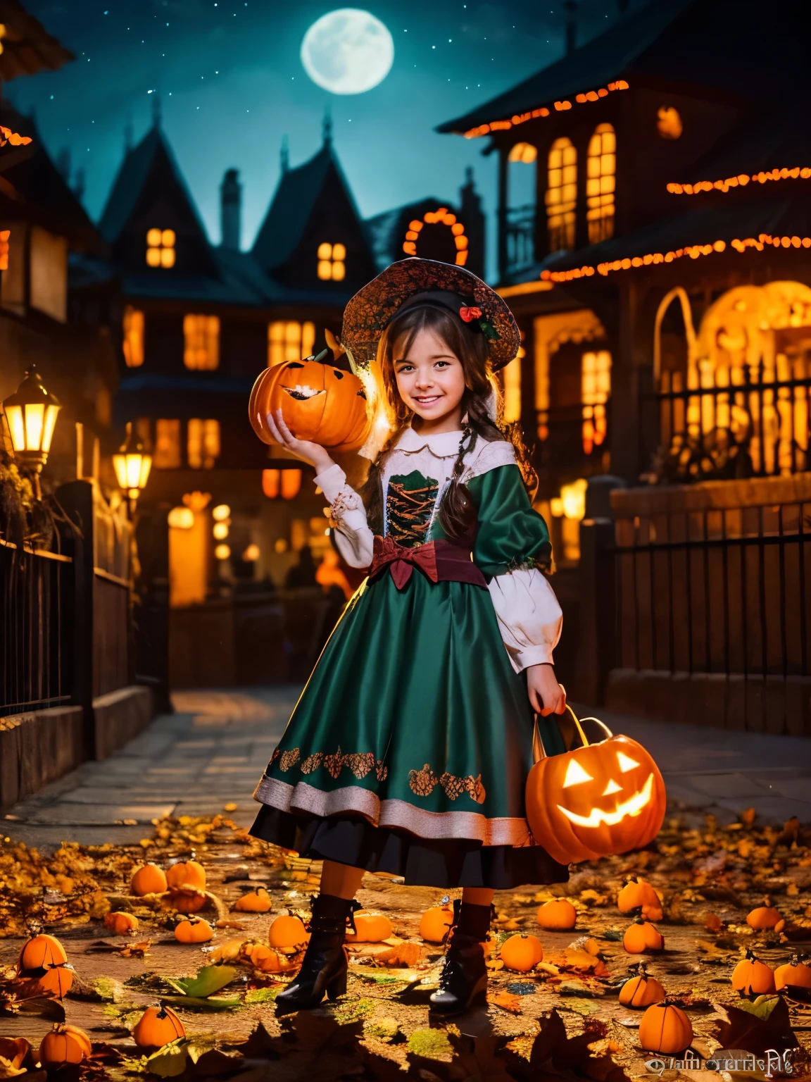 a happy girl in a halloween costume, smiling and holding a pumpkin basket, colorful autumn leaves and jack-o-lanterns in the background, vibrant colors, cinematic lighting, fantasy art, highly detailed, 4k, photorealistic
a group of children in colorful halloween costumes, trick-or-treating at night, jack-o-lanterns, full moon, spooky haunted house in the background, warm lighting, atmospheric, fantasy, cinematic, highly detailed, 8k, photorealistic