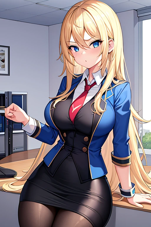 1girl, office, blonde hair, long hair, blue eyes, serious, hourglass figure, breasts, wide hips, blue jacket, jacket, white shirt, shirt, red necktie, necktie, pencil skirt, skirt, black pantyhose, pantyhose, 