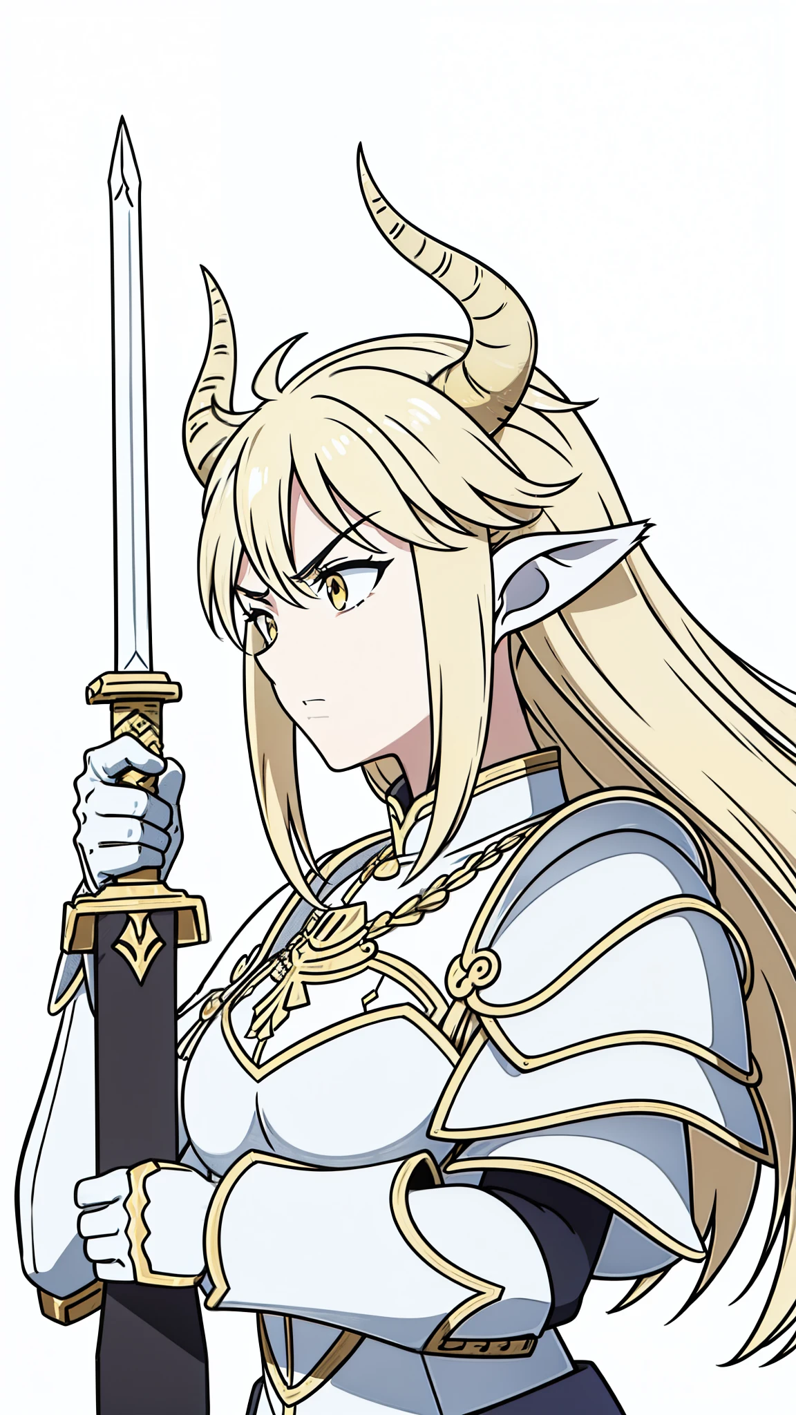 1girl,20 years old,solo,(white background,line drawing),long hair,light blond hair,horns,gold knight armor,cow ears,angry,perfil,upper body,holding a sword