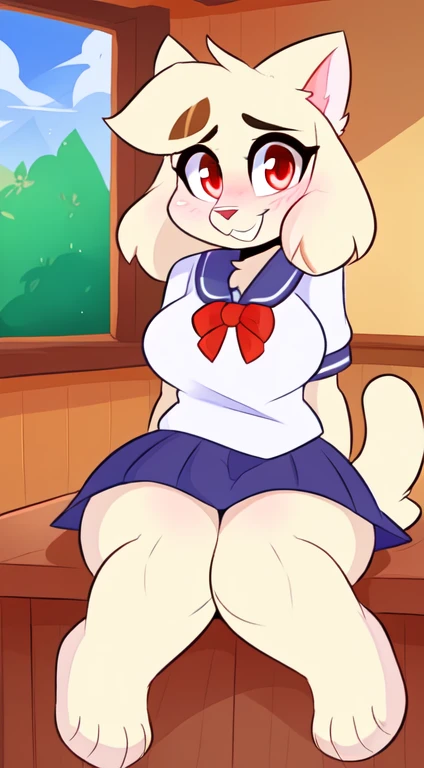 by teranen, by freeedon, by Kilinah, by Coffeesoda, by Hioshiru, by Kilinah, (Chuck jones Type Cartoon Cat, woman, breasts, antrum, extremely detailed, extremely detailed legs, extremely detailed arms, extremely detailed face, perfectly detailed eyes, perfectly detailed anatomy): 1.2, solo, perspective, curved thighs, huge thighs, curvature, embarrassed smile, (tail), totally blushed, nervous, looking at the viewer, bedroom, red eyes, school girl uniform, school, day, classroom, sitting on a desk