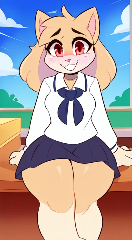 by teranen, by freeedon, by Kilinah, by Coffeesoda, by Hioshiru, by Kilinah, (Chuck jones Type Cartoon Cat, woman, breasts, antrum, extremely detailed, extremely detailed legs, extremely detailed arms, extremely detailed face, perfectly detailed eyes, perfectly detailed anatomy): 1.2, solo, perspective, curved thighs, huge thighs, curvature, embarrassed smile, (tail), totally blushed, nervous, looking at the viewer, bedroom, red eyes, school girl uniform, school, day, classroom, sitting on a desk