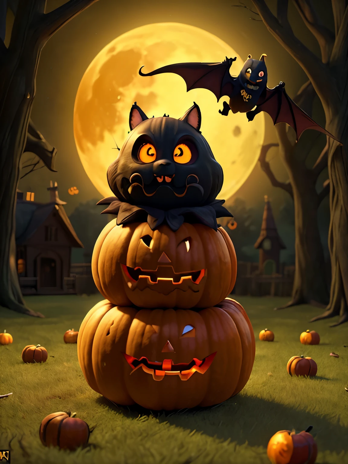 a spooky haunted house, pumpkins, bats flying, full moon, trick or treat, jack-o-lanterns, candy, halloween decorations, (best quality,4k,8k,highres,masterpiece:1.2),ultra-detailed,(realistic,photorealistic,photo-realistic:1.37),vibrant colors,chiaroscuro lighting,horror,cinematic

a group of children in Halloween costumes, jack-o-lanterns, trick or treat bags, candy, spooky forest background, full moon, cobweb, (best quality,4k,8k,highres,masterpiece:1.2),ultra-detailed,(realistic,photorealistic,photo-realistic:1.37),colorful,warm lighting,whimsical,magical
