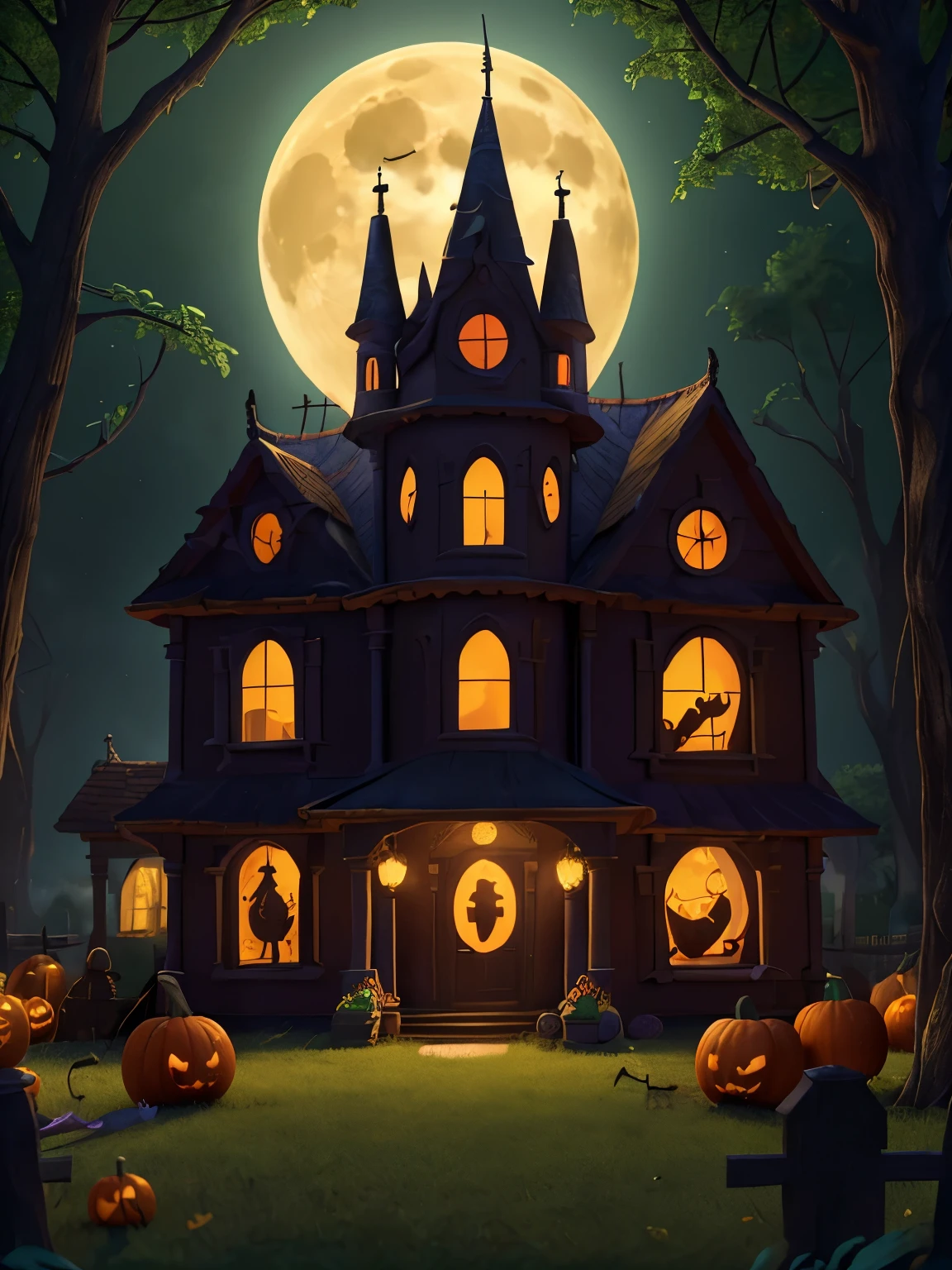 a spooky haunted house, pumpkins, bats flying, full moon, trick or treat, jack-o-lanterns, candy, halloween decorations, (best quality,4k,8k,highres,masterpiece:1.2),ultra-detailed,(realistic,photorealistic,photo-realistic:1.37),vibrant colors,chiaroscuro lighting,horror,cinematic

a group of children in Halloween costumes, jack-o-lanterns, trick or treat bags, candy, spooky forest background, full moon, cobweb, (best quality,4k,8k,highres,masterpiece:1.2),ultra-detailed,(realistic,photorealistic,photo-realistic:1.37),colorful,warm lighting,whimsical,magical