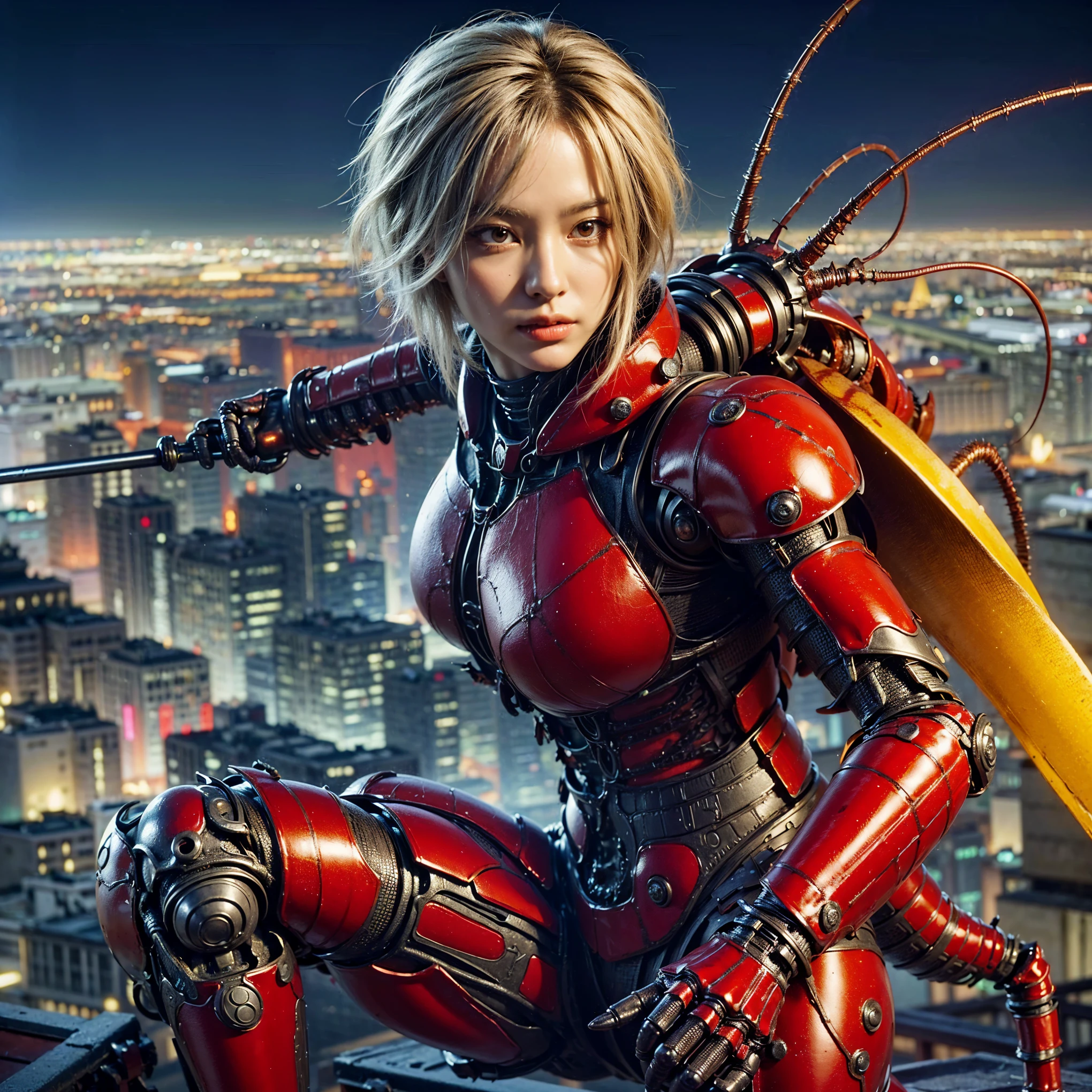 (high resolution,masterpiece,best quality,extremely detailed CG,),(japanese femal soldier), photorealistic,  (ultimately intricate all details), (ultimately realistic all textures), gloss and shiny,awesome many layers, 8k, ultimately realistic face, villainess, (fusion of cockroach and lady:1.4), (cockroach form lady:1.2), (cockroach lady:1.2), (fusion:1.2), (cockroach exoskeleton bio insect armor:1.4), fighting pose, (whole body picture), dystopia with a beautiful view
