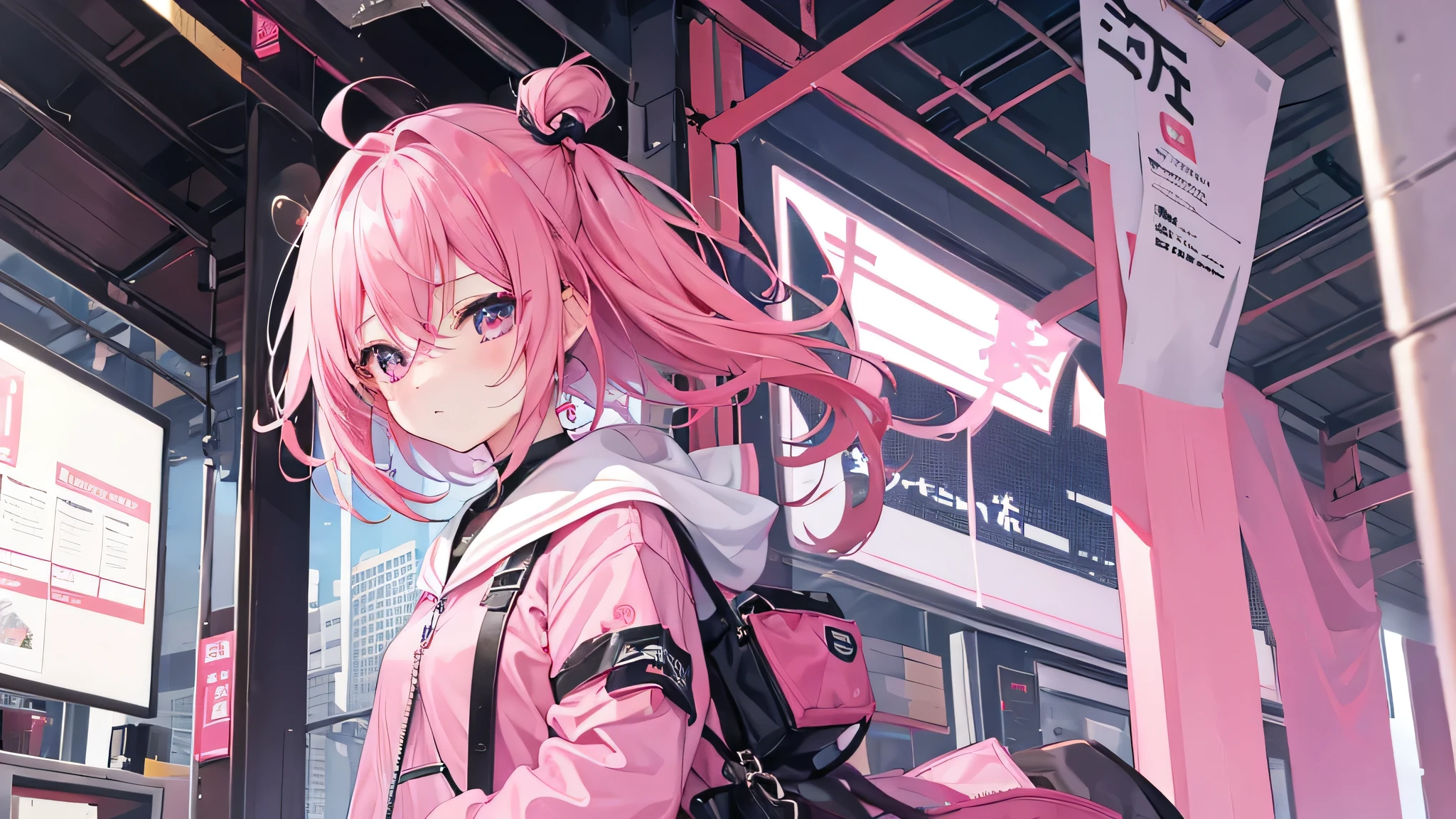 1 Girl、(((Rough feeling)))、Pink Hair、I'm lying down with my legs crossed、front、cyber punk、