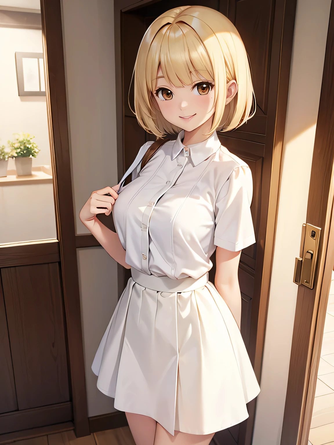 Blonde hair, short, medium hair, brown eyes, white shirt, white skirt, smile, house, standing, big chest, female, woman, girl, lady