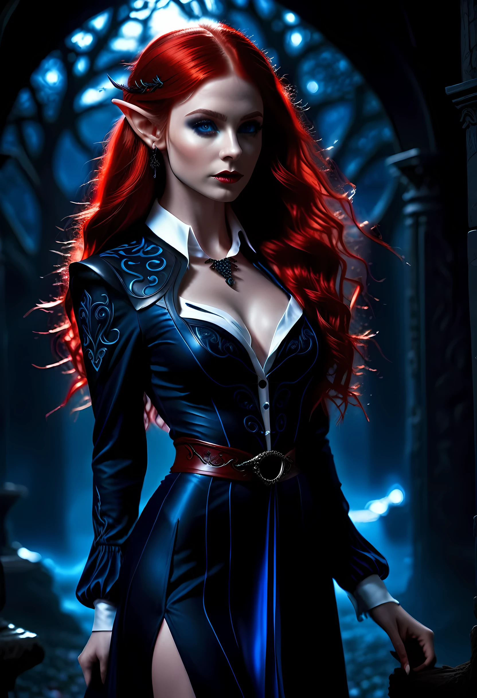 high details, best quality, 16k, [ultra detailed], masterpiece, best quality, (extremely detailed), full body, ultra wide shot, photorealistic, fantasy noir art, a beautiful female (elf: 1.4), mysterious. dark noir film, glam photoshoot, she has (red: 1.3) hair, long hair, (blue: 1.4) eyes, she wears (white: 1.3) buttons shirt, dynamic color dress, intricate detailed dress, she is has magical aura, , high details, best quality, highres, ultra wide angle, GlowingRunesAI_red