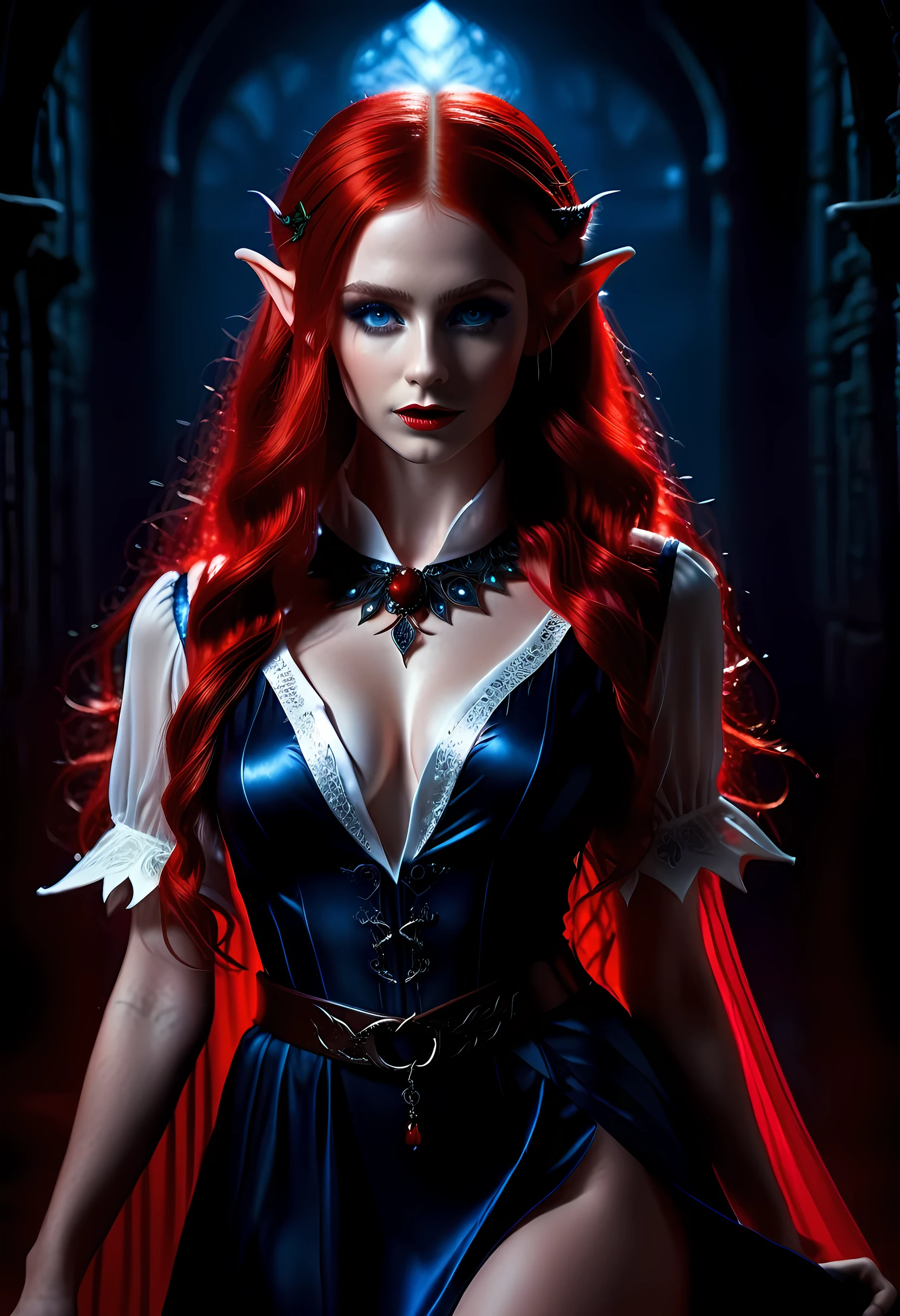 high details, best quality, 16k, [ultra detailed], masterpiece, best quality, (extremely detailed), full body, ultra wide shot, photorealistic, fantasy noir art, a beautiful female (elf: 1.4), mysterious. dark noir film, glam photoshoot, she has (red: 1.3) hair, long hair, (blue: 1.4) eyes, she wears (white: 1.3) buttons shirt, dynamic color dress, intricate detailed dress, she is has magical aura, , high details, best quality, highres, ultra wide angle, GlowingRunesAI_red