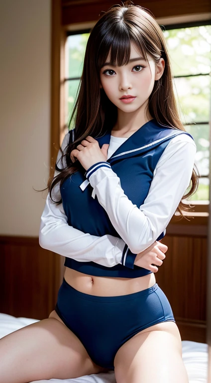(masterpiece:1.3), (8k, Photorealistic, Raw photo, Best image quality: 1.4), Japanese, (One Girl), Beautiful Face, (A vivid face), Beautiful Hairstyles, Realistic eyes, Beautiful details in the eyes, (Realistic Skin), Beautiful skins, attractive, 超A high resolution, Ultra-realistic, Attention to detail, Golden Ratio, (Detail Makeup:1.2), Seeing the viewer,Tabletop, highest quality, Super detailed, In detail, High resolution, Composition of the whole body、Open leg pose、Boldly open your legs、Beautiful fine details, Fitness Wear, Natural color lip,Photorealistic、Realistic、solo、Photorealistic、highest quality、Highly detailed face、Highly detailed eyes and face、Beautiful and fine details、Absurd、Unbelievably absurd、My hair is messy、Floating Hair、Brown Hair、Wavy Hairstyle、Mid-length hair、(Highly detailed CG、8k Picture Wallpaper)、(Very delicate and beautiful)、(masterpiece)、(highest quality:1.0)、(超A high resolution:1.0)、Beautiful lighting、Perfect Lightning、Realistic Shadows、[High resolution]、Detailed skin、Super detailedな、Detailed face and eyes、Realistic eyes、Sharp pupils、Beautiful Face、Outdoor、Downtown Japan、Amidst the hustle and bustle、Blurred Background、Glowing Skin、Blunt bangs、Red Eye、(Sailor suit 1.2)、Sailor suits have long sleeves、Ultra HD Photos, 8K quality, School zone, Systemic composition, looking at the camera, Japan female, 20 years old, Perfect beauty, Texture that shows pores, Perfect Face, Clear skin, Clear skin, Beautiful and toned body, Muscular, thin, Small breasts, Tight ass and small breasts、Small Ass、 Bloomers (Bloomers in Japan School, Seamless Design, Monochromatic Bloomers, Bloomers are dark blue, Perfect fit、Bloomers are elastic fabrics、Bloomers length from navel３ｃｍThe following degrees:, )Legs wide open、
