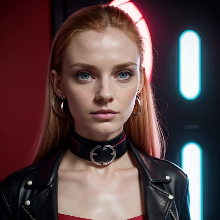 futuristic neon bedroom, irish genes, dark hazel eyes, sharp scottish nose, high forehead, tired hazel eyes, ginger, sexual hunger, skinny female magician, rough skin, deep eye pits, pale-pink skin, fine detail, tight red shirt, black button up, dragon choker, leather jacket, silver earrings, pale ginger