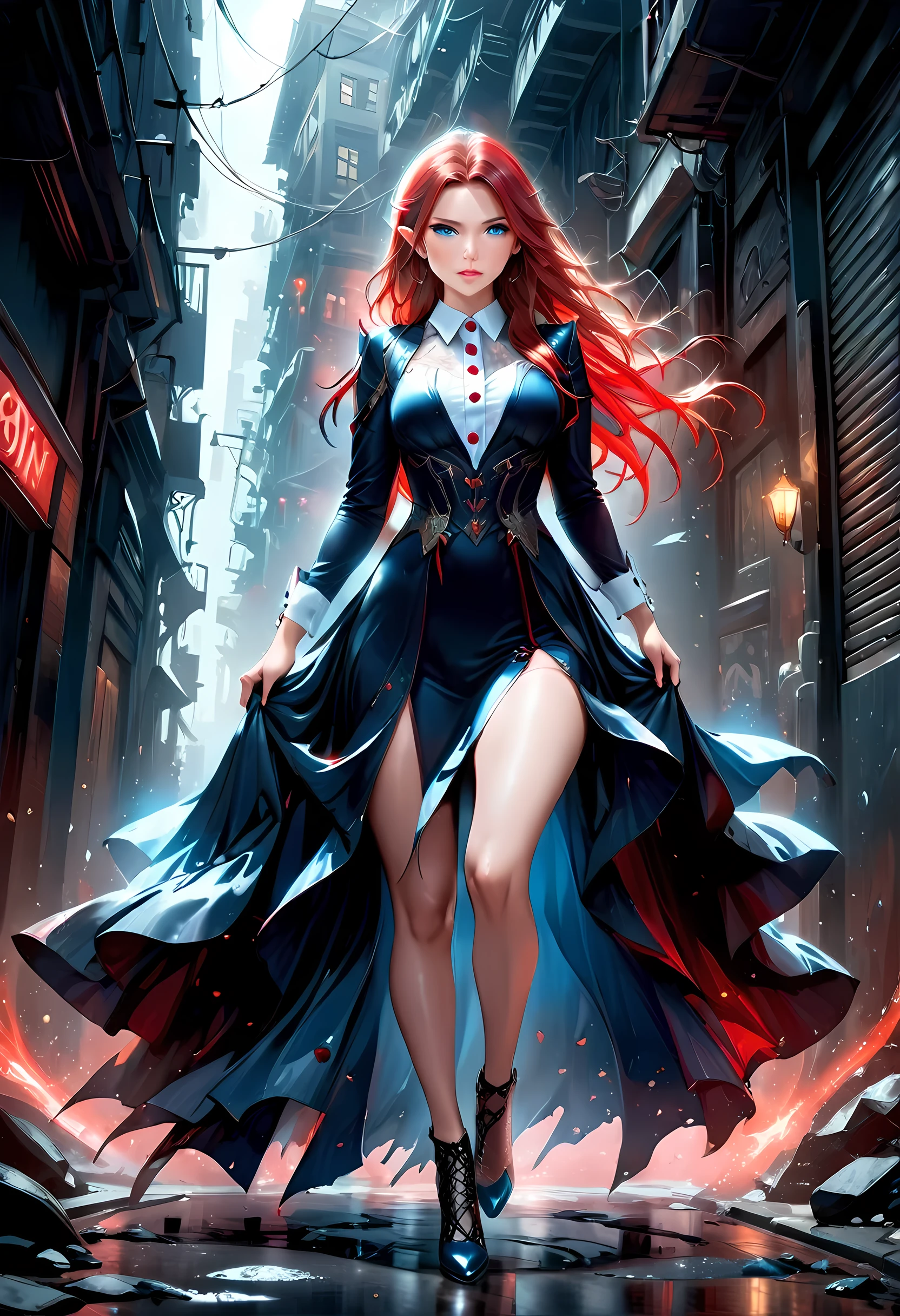 high details, best quality, 16k, [ultra detailed], masterpiece, best quality, (extremely detailed), full body, ultra wide shot, photorealistic, fantasy noir art, a beautiful female elf, mysterious. dark noir film, glam photoshoot, she has (red: 1.3) hair, long hair, (blue: 1.4) eyes, she wears (white: 1.3)  buttons shirt, dynamic color dress, intricate detailed dress,  she is has magical aura,  dark alley in an modern urban setting, high details, best quality, highres, ultra wide angle, GlowingRunesAI_red, 