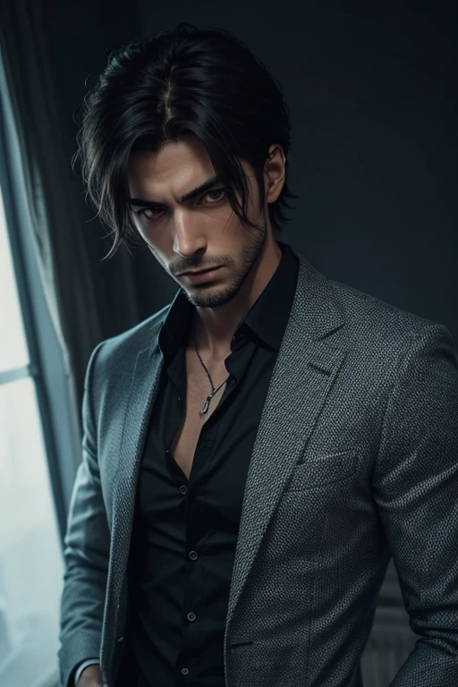 homme aux cheveux noir, dark, avec une chemise, regard froid