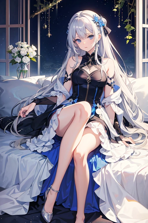 masterpiece, highest quality, High resolution,Anime Style、Silver Hair、Long Hair、blue eyes、dress