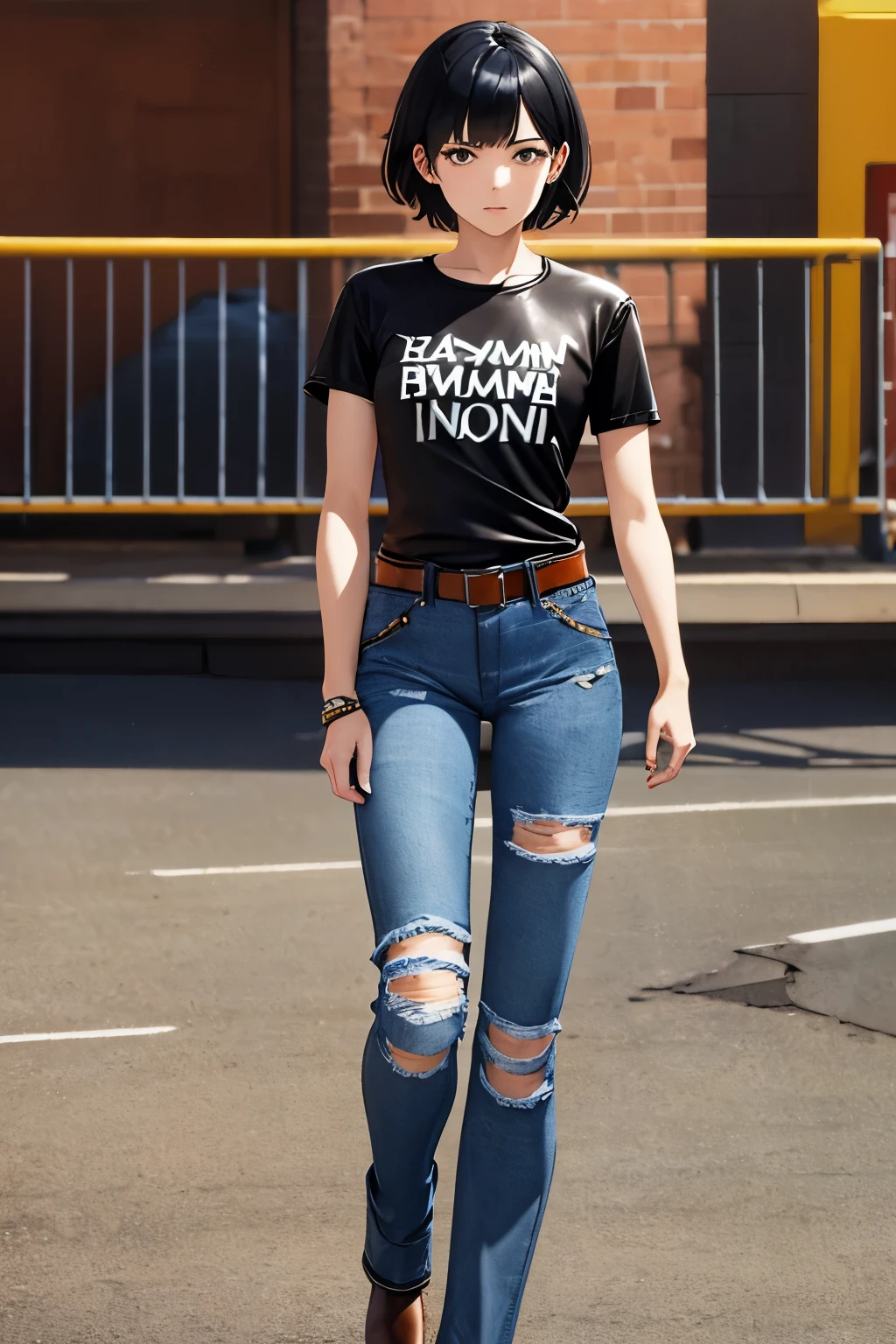 woman,one person,Black Hair,Short Hair,Anime Style,Full color CG images,Looking at the audience,Cowboy Shot,(T-Shirts,Denim pants,Leather Belt:1.5)
