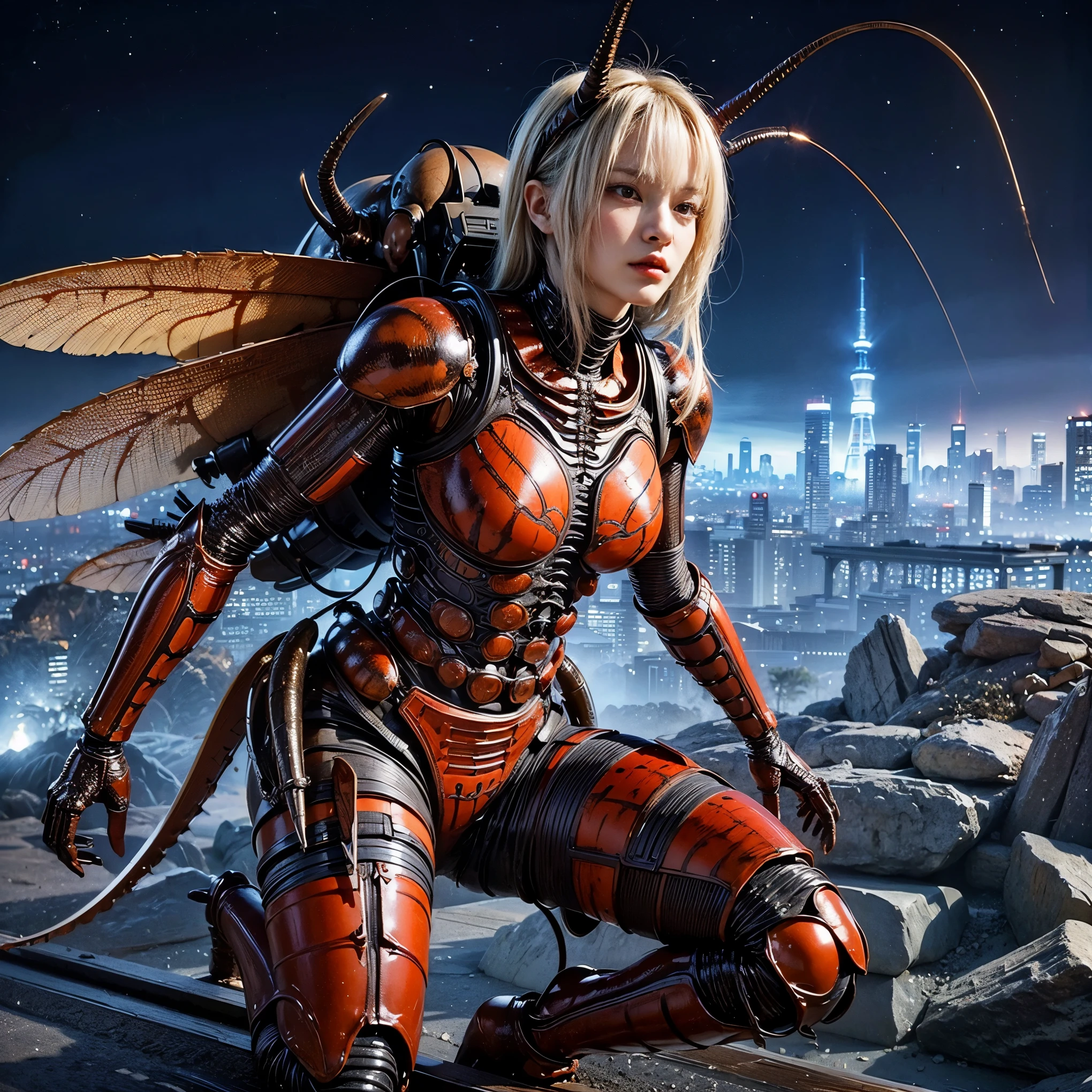 (high resolution,masterpiece,best quality,extremely detailed CG,),(japanese femal soldier), photorealistic,  (ultimately intricate all details), (ultimately realistic all textures), gloss and shiny,awesome many layers, 8k, ultimately realistic face, villainess, (fusion of cockroach and lady:1.4), (cockroach form lady:1.2), (cockroach lady:1.2), (fusion:1.2), (cockroach exoskeleton bio insect armor:1.4), fighting pose, (whole body picture), dystopia with a beautiful view