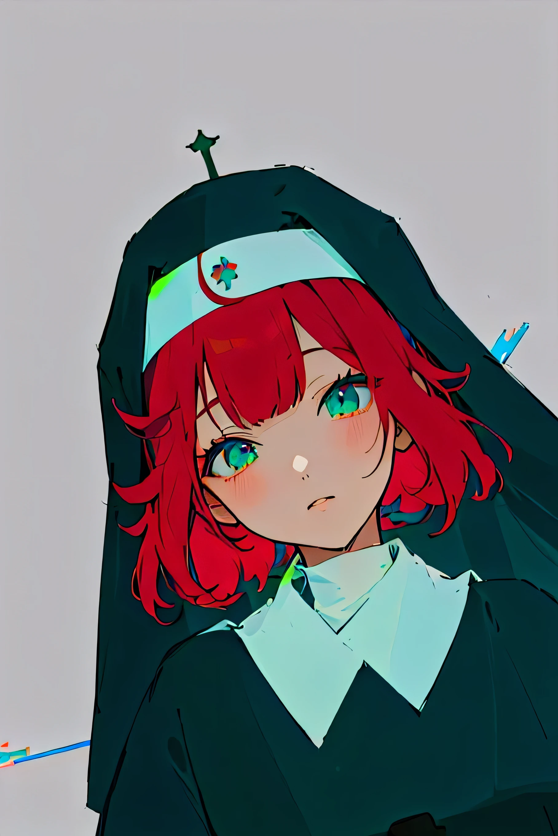 Chica anime con cabello rojo y ojos azules vestida de monja., Monja, Monja outfit, boceto coloreado, marin kitagawa fan art, lineales de colores, Al estilo anime, coloreado digitalmente, lineales de colores, ella tiene el cabello rojo, sombreado plano estilo anime