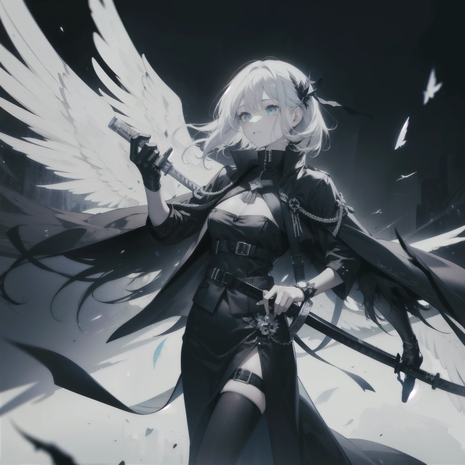 Fall Angel 6Pieces of black wings Cool look Holding a sword