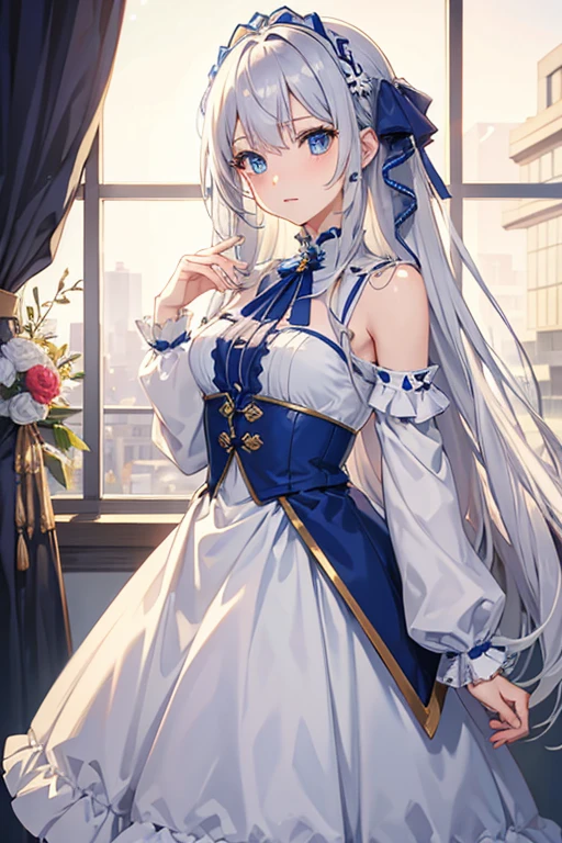 masterpiece, highest quality, High resolution,Anime Style、Silver Hair、Long Hair、blue eyes、dress