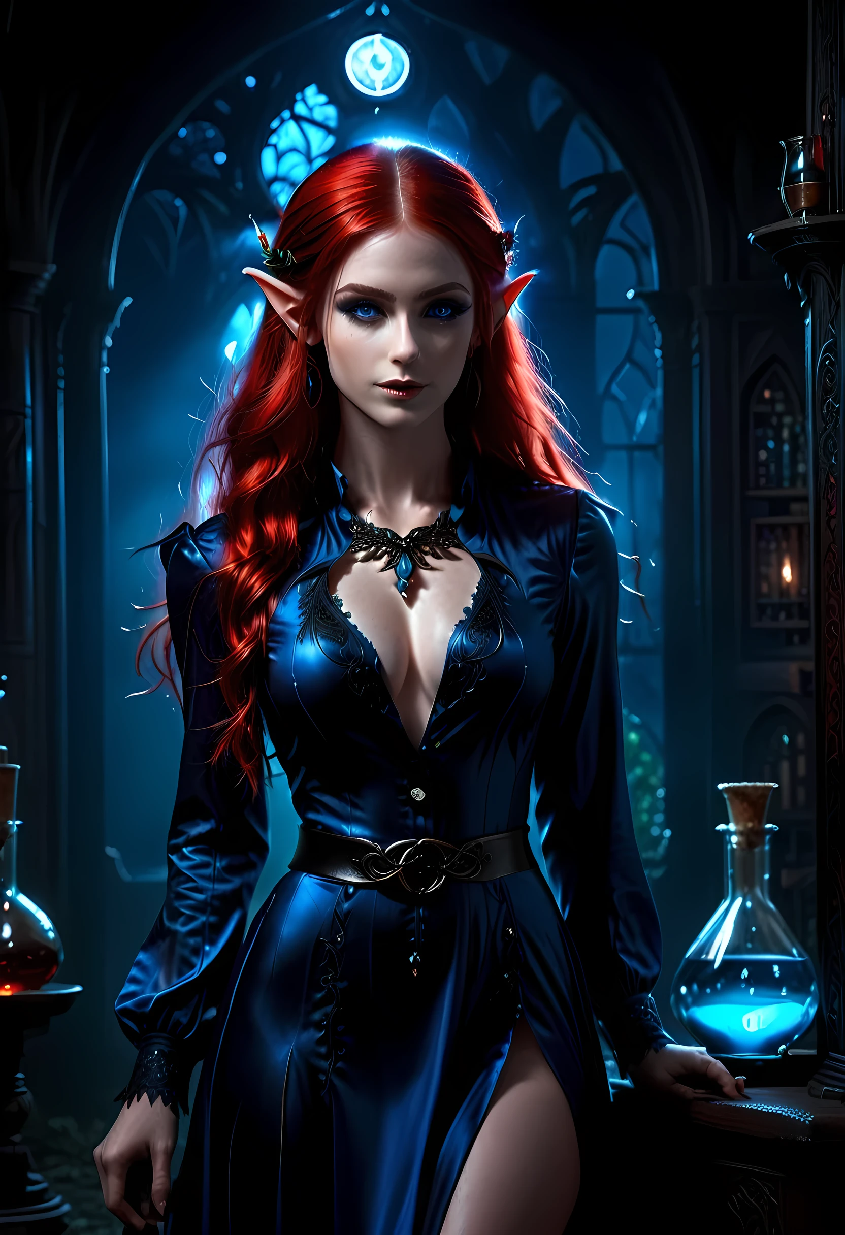 high details, best quality, 16k, [ultra detailed], masterpiece, best quality, (extremely detailed), full body, ultra wide shot, photorealistic, fantasy noir art, a beautiful female (elf: 1.4), mysterious. dark noir film, glam photoshoot, she has (red: 1.3) hair, long hair, (blue: 1.4) eyes, she wears (white: 1.3) buttons shirt, dynamic color dress, intricate detailed dress, she is has magical aura, , high details, best quality, highres, ultra wide angle, AlchemyPunkAI