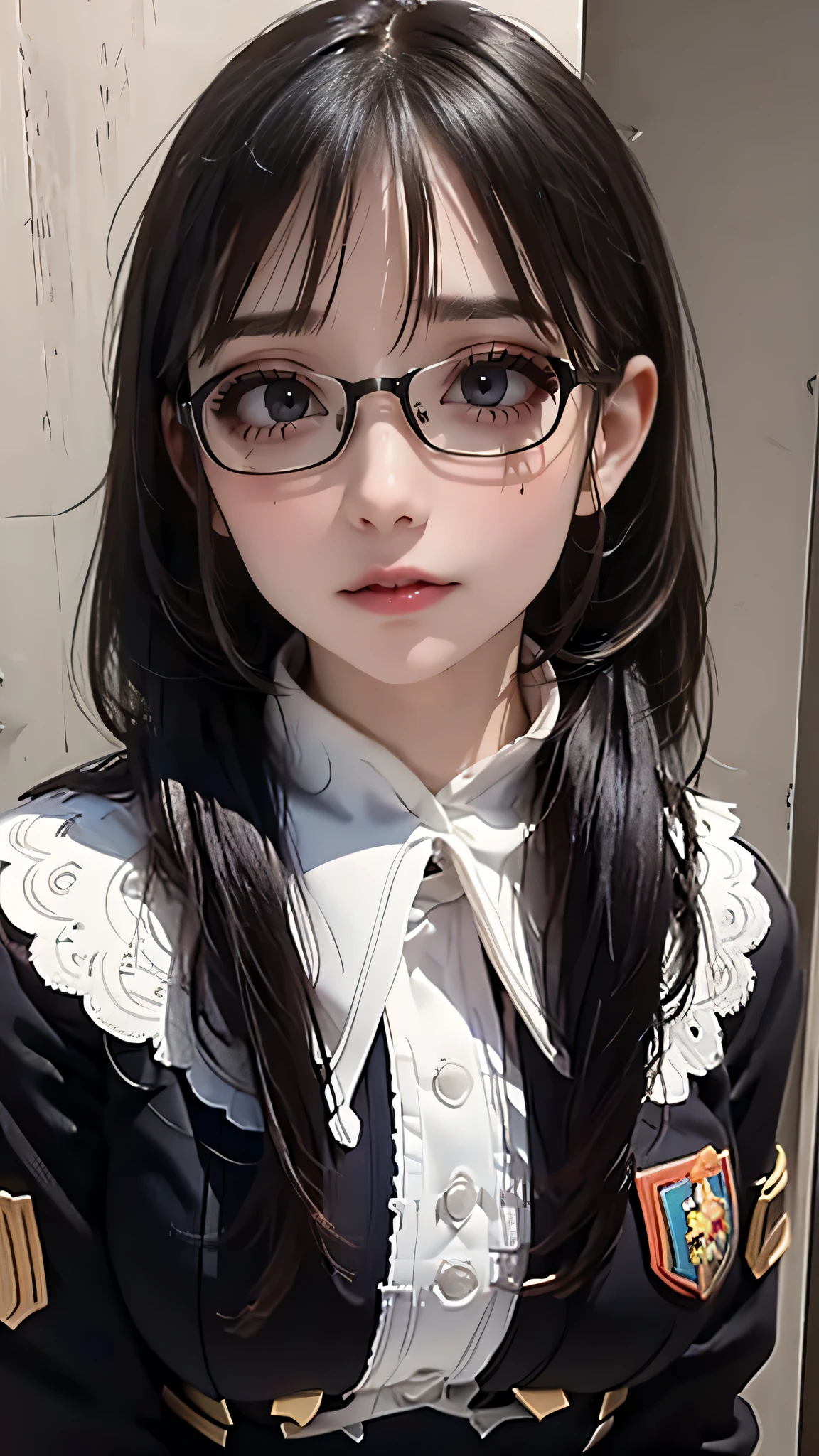 (random cute uniform),(random porn pose),(Thin type),(large breasts),(random hairstyle),(Highest image quality, (8K), Ultra-realistic, Best Quality, High quality, High Definition, high quality texture, high detailing, Beautiful detailed, fine detailed, extremely details CG, Detailed texture, realistic representation of face, masterpiece, presence),(wearing glasses:1.5)