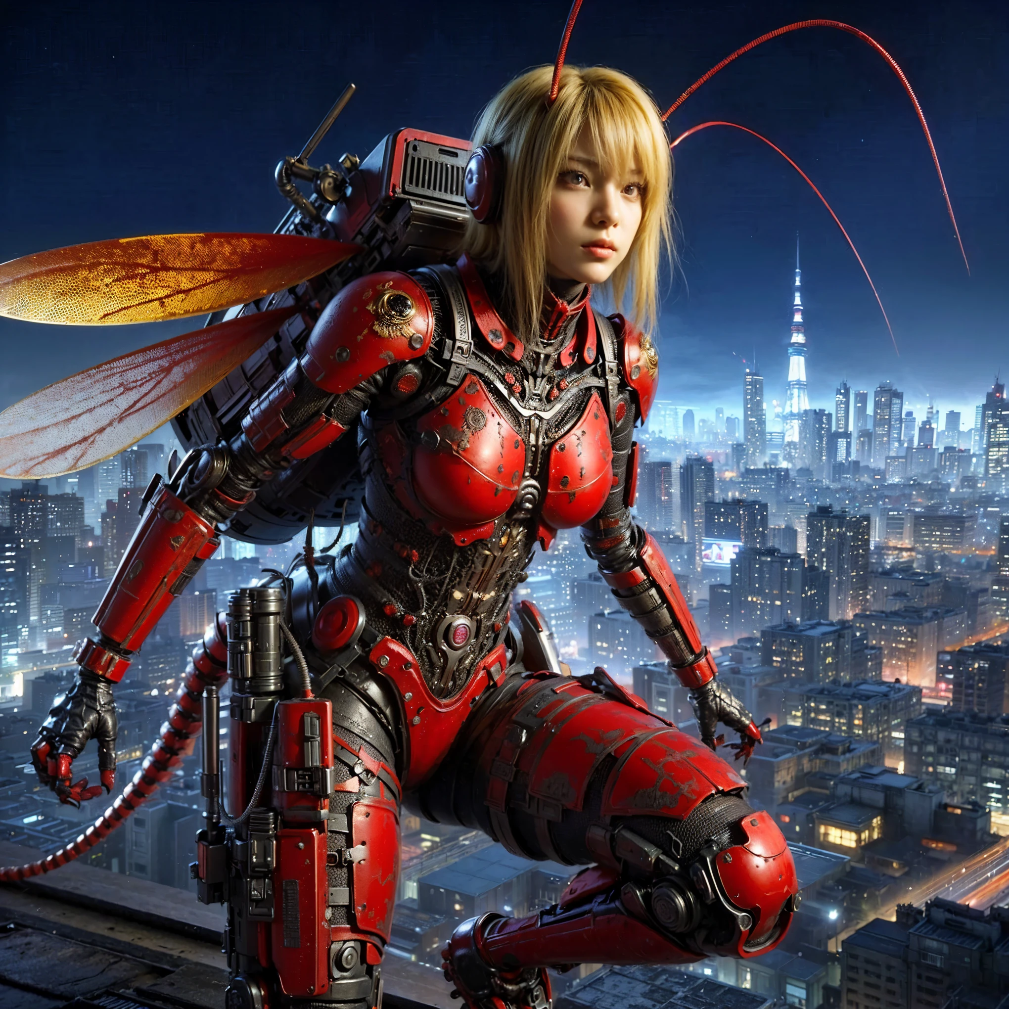 (high resolution,masterpiece,best quality,extremely detailed CG,),(japanese femal soldier), photorealistic, (ultimately intricate all details), (ultimately realistic all textures), gloss and shiny,awesome many layers, 8k, ultimately realistic face, villainess, (fusion of cockroach and lady:1.4), (cockroach form lady:1.2), (cockroach lady:1.2), (fusion:1.2), (cockroach exoskeleton bio insect armor:1.4), fighting pose, (whole body picture), dystopia with a beautiful view