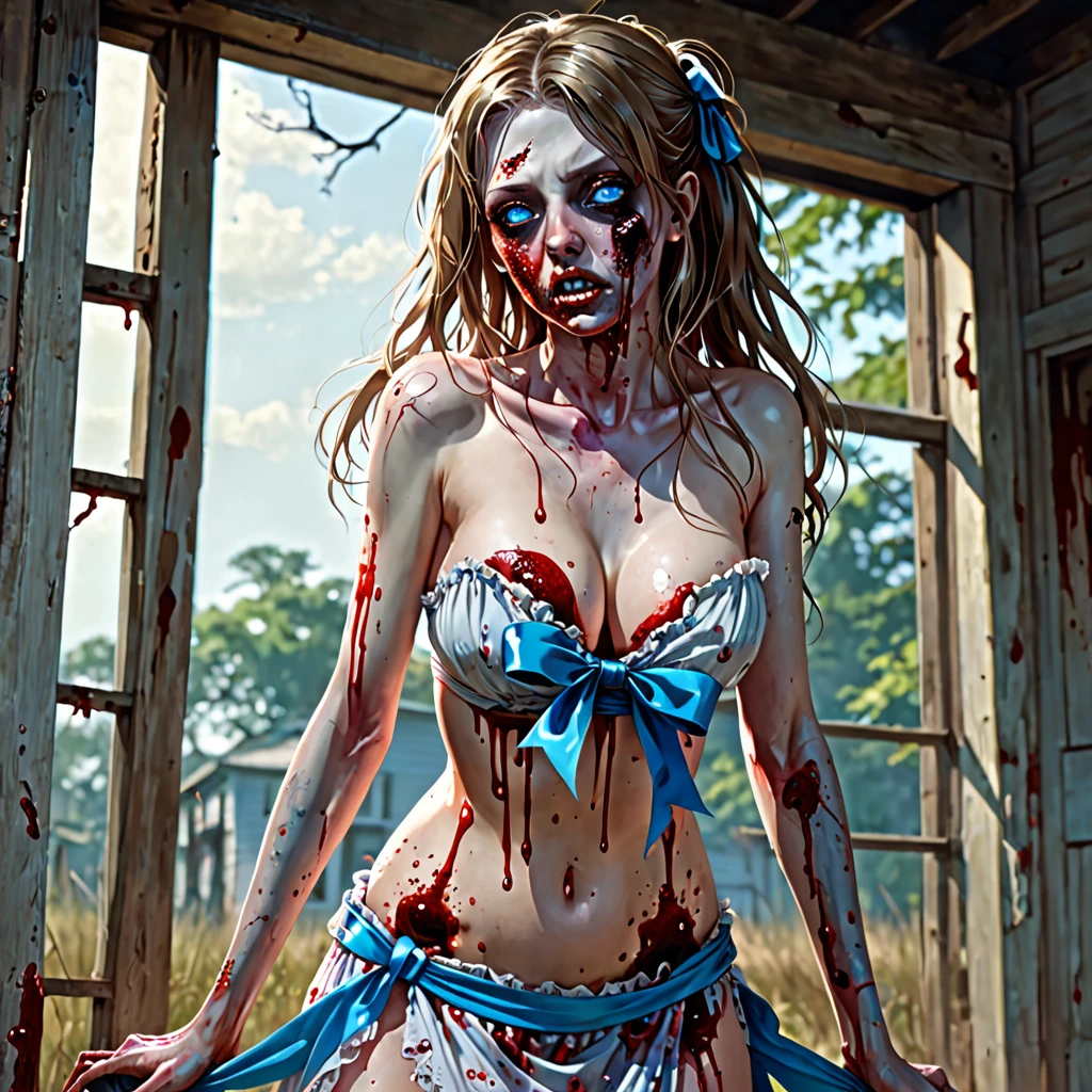 (finely detailed beautiful eyes and detailed zombie face,masterpiece sidelighting,masterpiece,best quality,detailed,high resolution illustration),, (depraved topless zombie girl,whole body,sundress,lustrous skin,looking down,looking at viewer),, (blood hair,blue eyes,ribbon, sheer clothes), (clothed_underbust:1.2),underboob