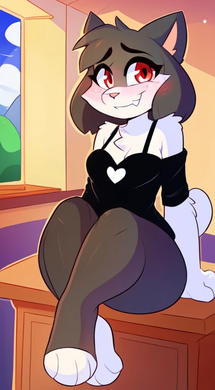 by teranen, by freeedon, by Kilinah, by Coffeesoda, by Hioshiru, by Kilinah, (Chuck jones Type Cartoon Cat, woman, breasts, antrum, extremely detailed, extremely detailed legs, extremely detailed arms, extremely detailed face, suggestive sexy smug, perfectly detailed eyes, perfectly detailed anatomy): 1.2, solo, perspective, curved thighs, huge thighs, curvature, embarrassed extremely curved smile, (tail), totally blushed, nervous, looking at the viewer, bedroom, red eyes, sexy black bikini, school, day, classroom, sitting on a desk,