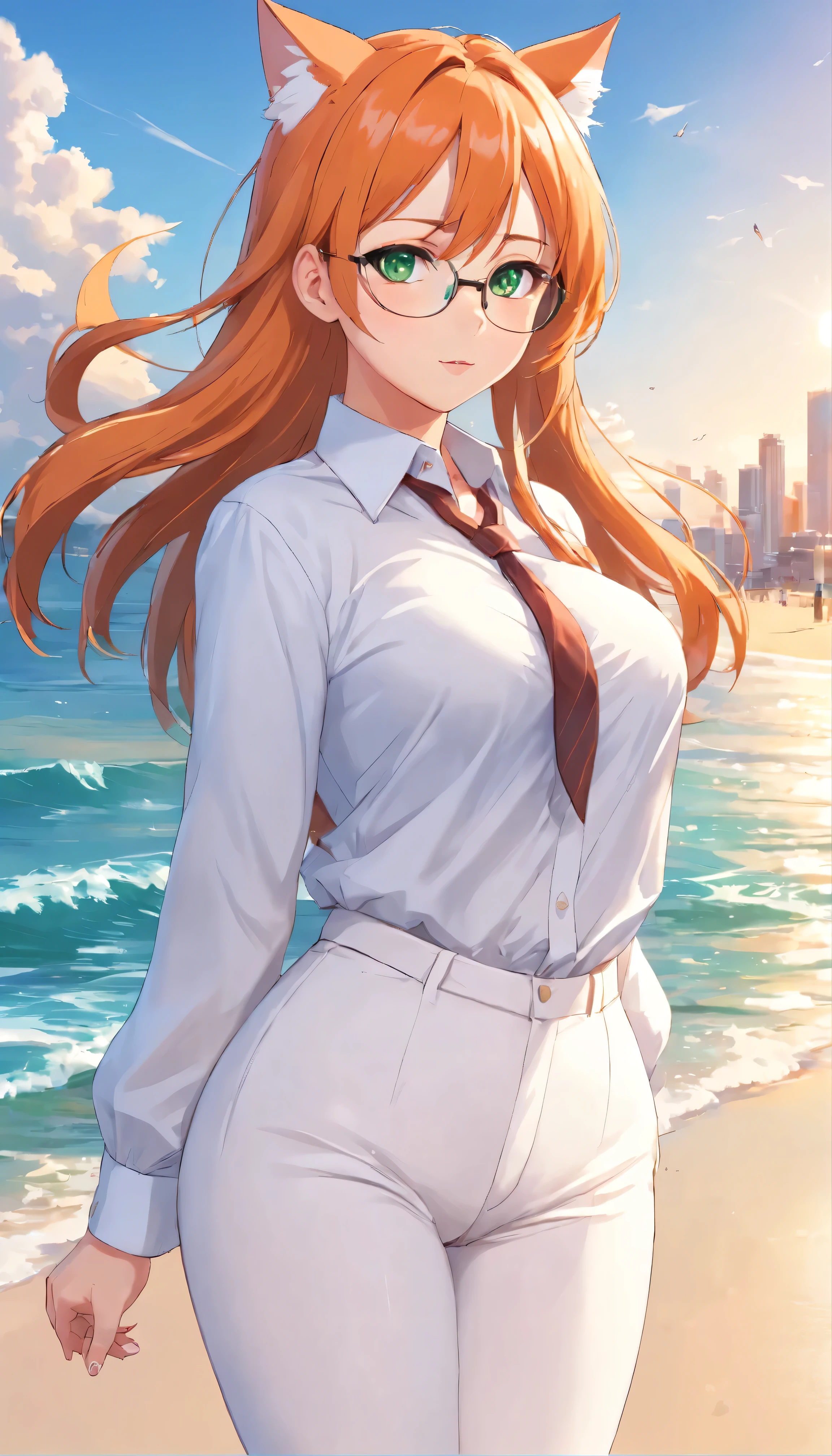 (masterpiece, Best quality), 8K, ultra detailed, realistic photo, Detailed face, perfect lighting, green eyes, bright orange hair, bright hair, fox ears, nice legs, side photo, beautiful, Cute, skin pores, 1 girl, perfect shirt, fully dressed, beautiful women 30 years old, Beautiful proportions, Russian woman, Caucasian, European, Business lady, stunningly beautiful woman, mother, thick legs, show ???, ???????????, (Thin white shirt:1.4), thick, hot, (White Office Wear:1.4), tight pants, (wide ????:1.2), thick, (white Office pants:1.3), spread your legs, ?????????, full length, wide ????, Glasses, with long orange hair, standing on the beach near the ocean, green eyes detailed digital anime art, cat ear, anime girl with long hair, гладкое аниме cg art, anime girl with long hair, digital anime art, work in Guweiz style, Beautiful anime portrait, Photorealistic render of an anime girl, pantyhose, Beautiful anime girl, advanced digital anime art, guweiz на artstation pixiv HD UHD HQ
