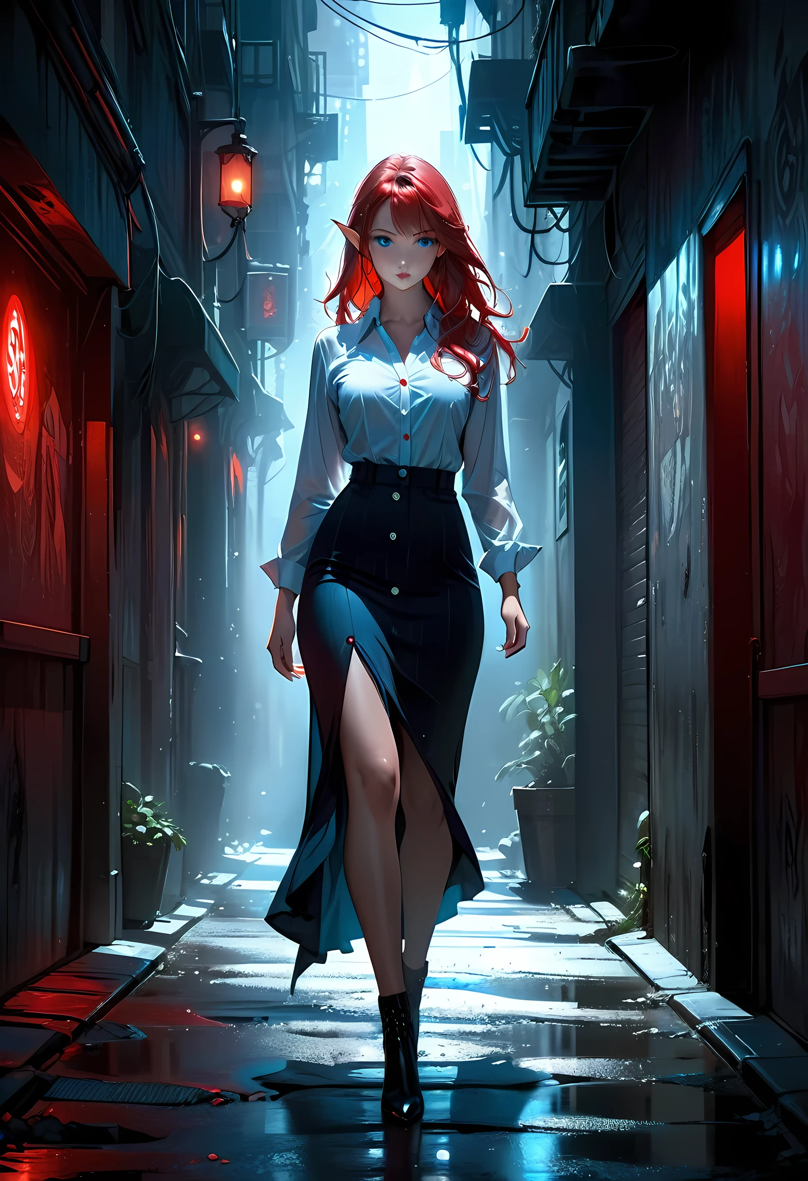 high details, best quality, 16k, [ultra detailed], masterpiece, best quality, (extremely detailed), full body, ultra wide shot, photorealistic, fantasy noir art, a beautiful female elf, mysterious. dark noir film, glam photoshoot, she has (red: 1.) hair, long hair, (blue: 1.4) eyes, she wears white buttons shirt, dynamic color dress, dark alley in an modern urban setting, she is has magical aura, high details, best quality, highres, ultra wide angle, GlowingRunesAI_red, Into Darkness, Dark Art Painting Style