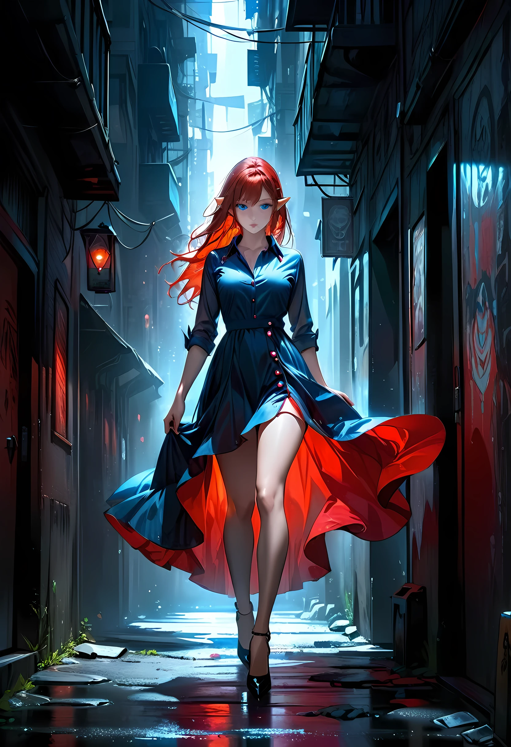 high details, best quality, 16k, [ultra detailed], masterpiece, best quality, (extremely detailed), full body, ultra wide shot, photorealistic, fantasy noir art, a beautiful female elf, mysterious. dark noir film, glam photoshoot, she has (red: 1.) hair, long hair, (blue: 1.4) eyes, she wears white buttons shirt, dynamic color dress, dark alley in an modern urban setting, she is has magical aura, high details, best quality, highres, ultra wide angle, GlowingRunesAI_red, Into Darkness, Dark Art Painting Style