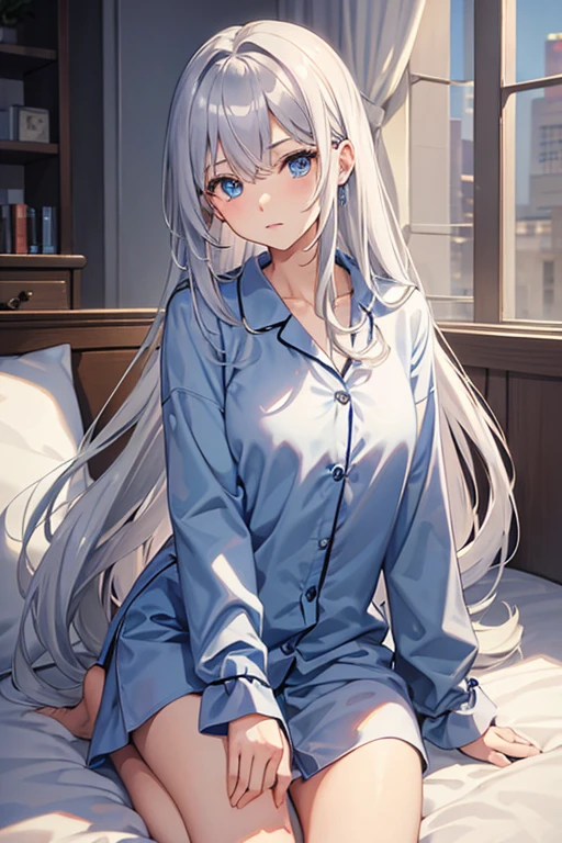 masterpiece, highest quality, High resolution,Anime Style、Silver Hair、Long Hair、blue eyes、pajamas