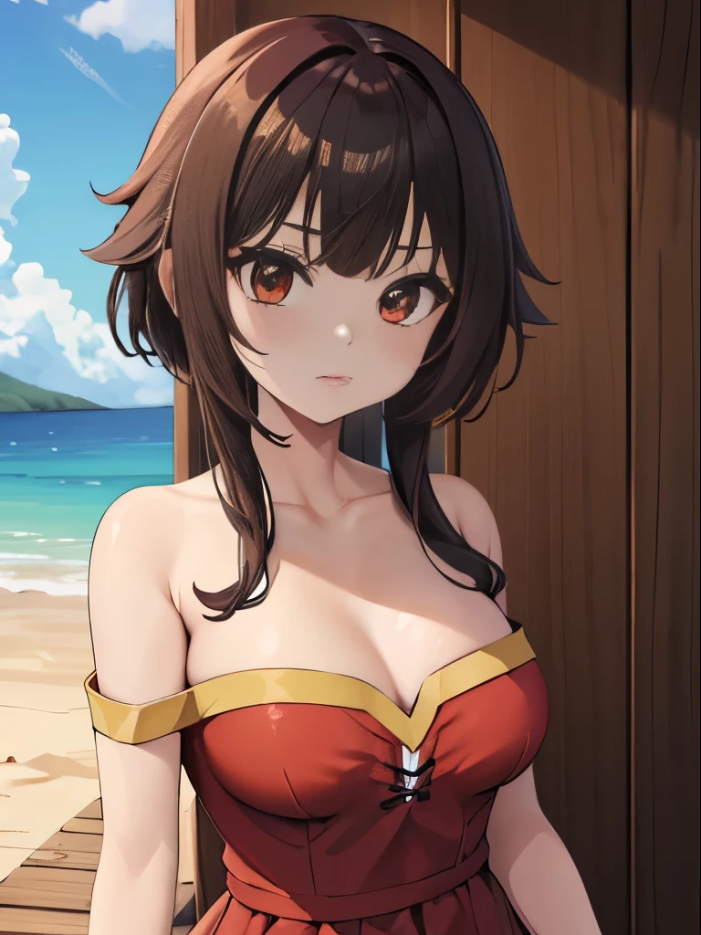 ((4k, obra-prima, best quality)), 1girl (Megumin), Cabelos castanhos claros, cabelos curtos, olhos vermelhos, mediuml breasts, fofo, corar, roupa de banho, summer