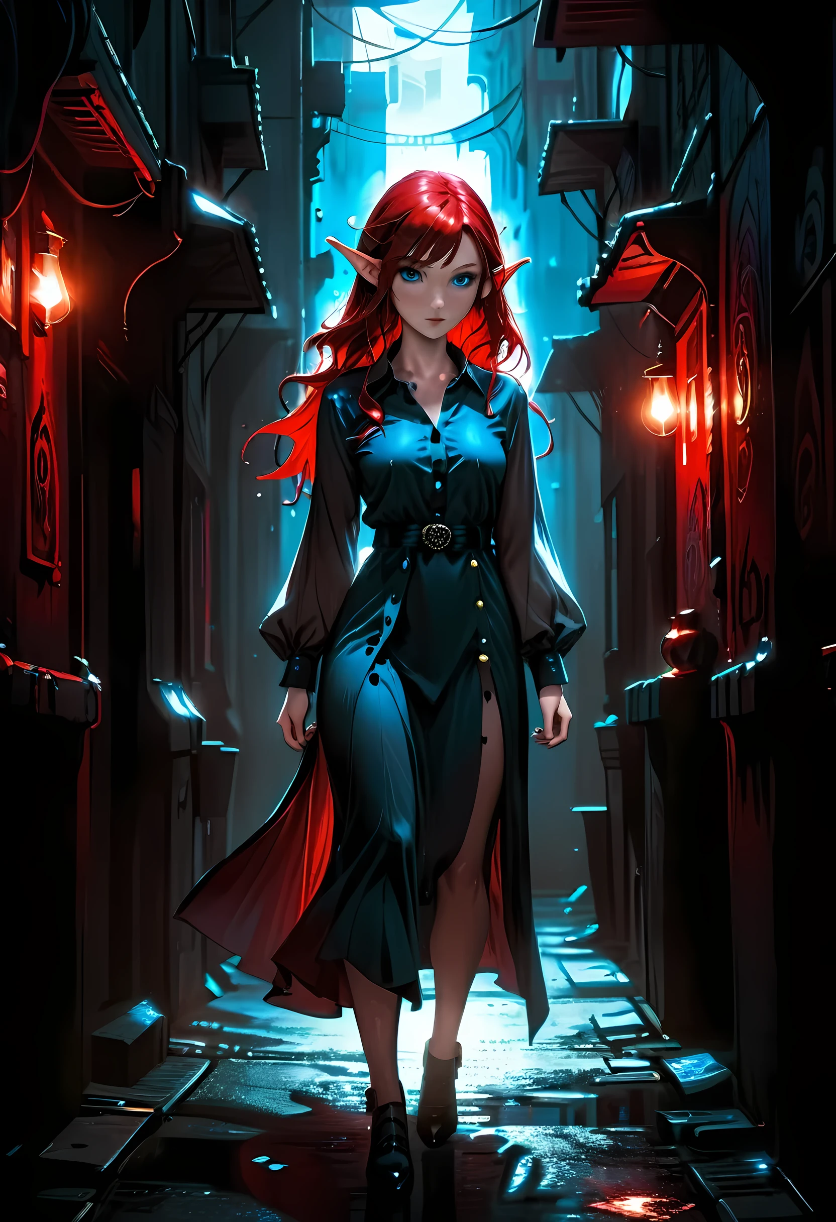 high details, best quality, 16k, [ultra detailed], masterpiece, best quality, (extremely detailed), full body, ultra wide shot, photorealistic, fantasy noir art, a beautiful female elf, mysterious. dark noir film, glam photoshoot, she has (red: 1.) hair, long hair, (blue: 1.4) eyes, she wears white buttons shirt, dynamic color dress, dark alley in an modern urban setting, she is has magical aura, high details, best quality, highres, ultra wide angle, GlowingRunesAI_red, Into Darkness