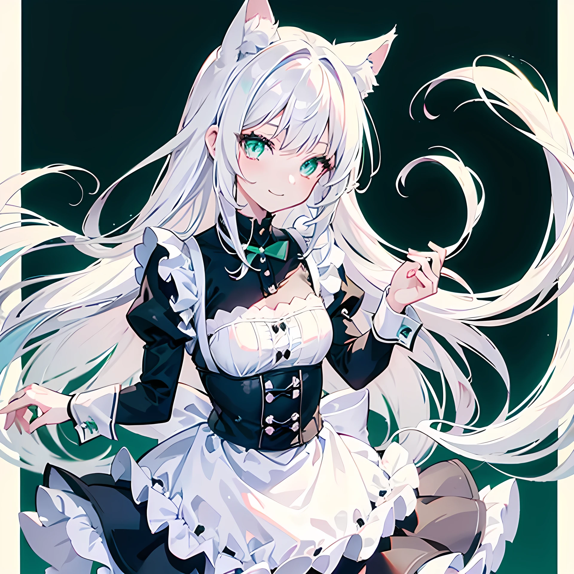 Teenage girl, solo, anime style, white hair, girl maid, catgirl, cat ears, cat tail, green eyes, maid costume, black ribbon, a smile, body turned to the side, perfect eyes, five fingers, masterpiece, best quality, anime wallpaper 8K, background((White))