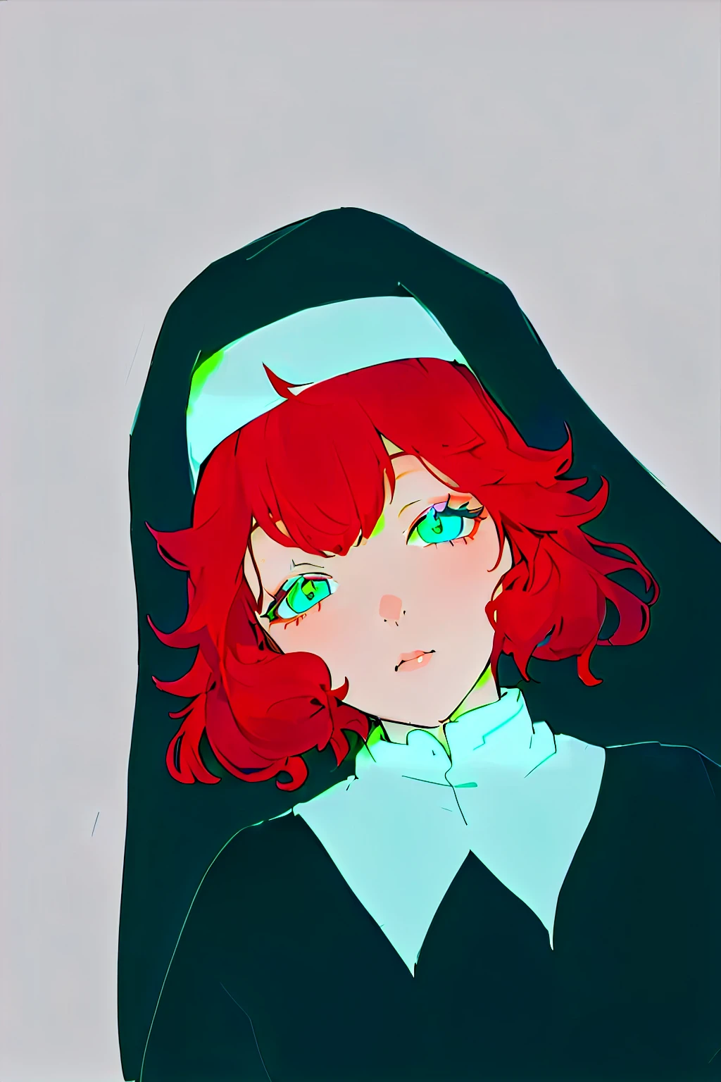 Chica anime con cabello rojo y ojos azules vestida de monja.,  Monja, Monja outfit, boceto coloreado, marin kitagawa fan art, lineales de colores, Al estilo anime, coloreado digitalmente, lineales de colores, ella tiene el cabello rojo, sombreado plano estilo anime. hd. perfect draw. 