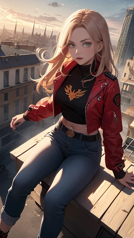 (high quality, Meisterwerk, Detaillierte), burning city Detaillierte scenario, burning city Detaillierte background, Jeans-Grau, belt, rote Crop-Top-Jacke aus Leder, unzip, schwarzes Top-Shirt, Handschuhe, Phoenix symbol on the chest, rote Lederhose, sitting on the roof of a building, Nabel, perfektes Gesicht, beautiful eyes, den Betrachter anschauen, sexy Pose