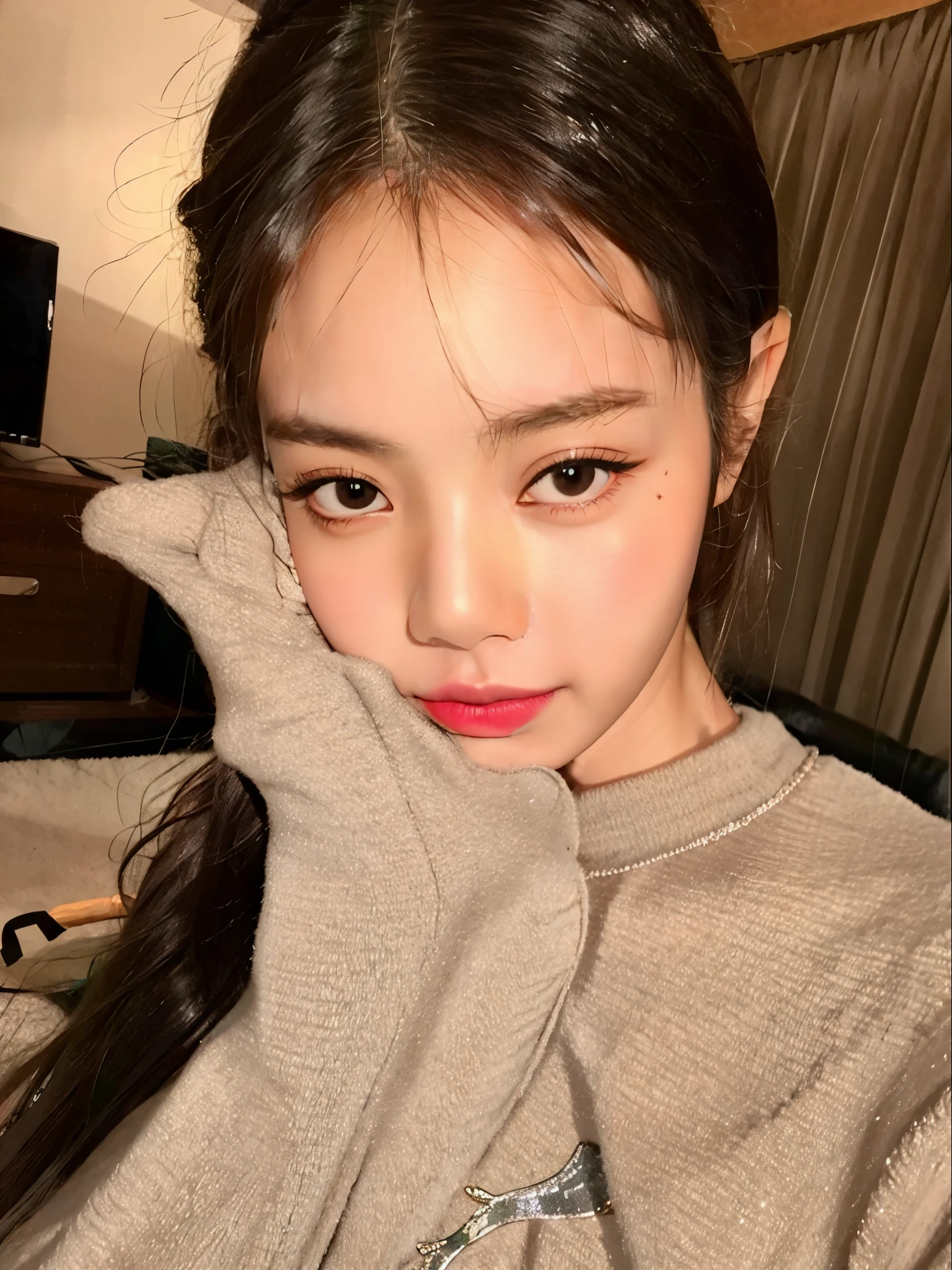 Arafed woman with long hair and a gray sweater posing for a photo., jennie rosa negro, heonhwa choe, joven y adorable rostro coreano, pale korean adorable face, con cara linda - fina, ulzzang, ella tiene una cara linda, Jinyoung Shin, jaeyeon nam, aparcar desde-min, con mejillas redondas, lee ji - eun