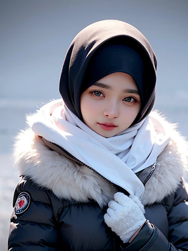 muslim girl, hijab, fur puffer winter coat with hood, snowy background