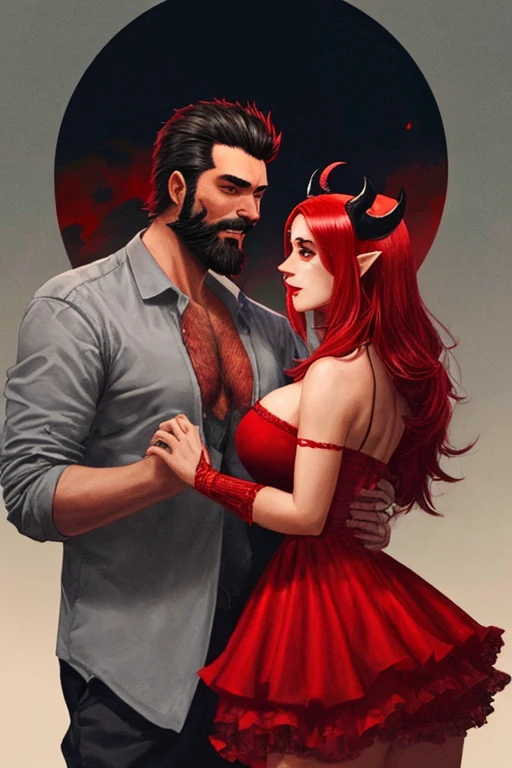 Hombre diablito de barba y mujer diablita pelo coro juntos besandose sensualmente. Fondo negro con luna roja.