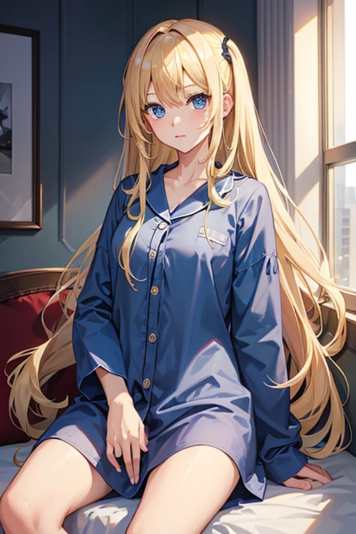 masterpiece, highest quality, High resolution,Anime Style、Blonde、Long Hair、blue eyes、pajamas