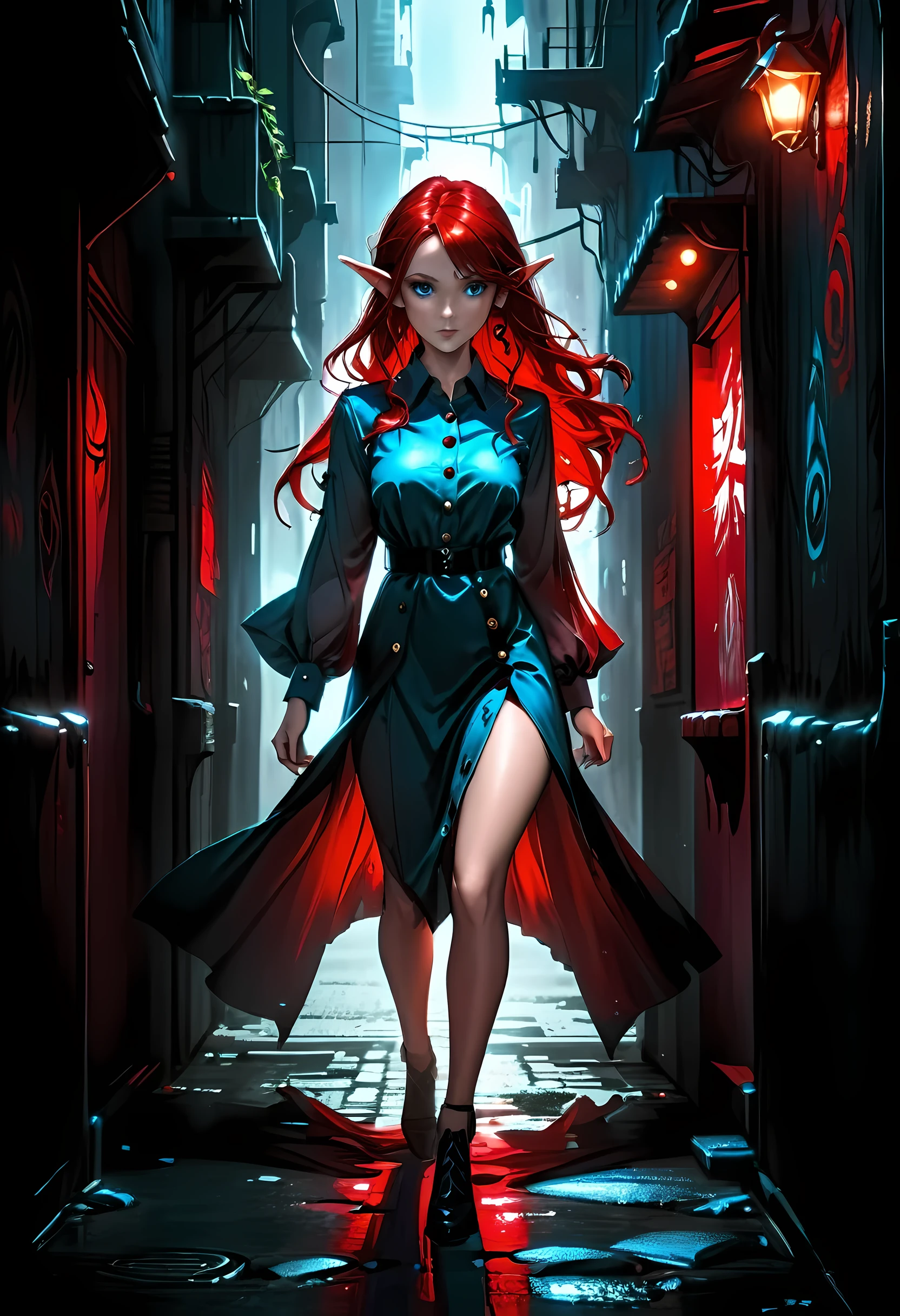 high details, best quality, 16k, [ultra detailed], masterpiece, best quality, (extremely detailed), full body, ultra wide shot, photorealistic, fantasy noir art, a beautiful female elf, mysterious. dark noir film, glam photoshoot, she has (red: 1.) hair, long hair, (blue: 1.4) eyes, she wears white buttons shirt, dynamic color dress, dark alley in an modern urban setting, she is has magical aura, high details, best quality, highres, ultra wide angle, GlowingRunesAI_red, Into Darkness