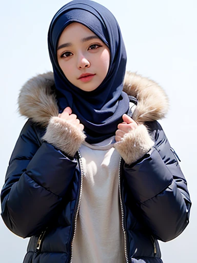 muslim girl, hijab, fur puffer winter coat with hood, snowy background