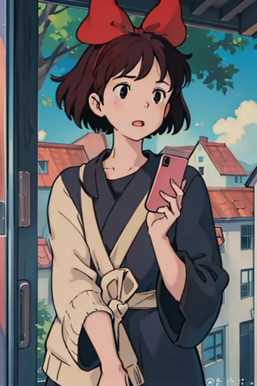 (tmasterpiece1.4),(best qualtiy:1.4),(A high resolution1.4), girl, Kiki, Black robe, Redhead bow,holding cell phone,Look your eyes at your phone, The story begins in a high school where a group of students gather and discuss the importance of morality