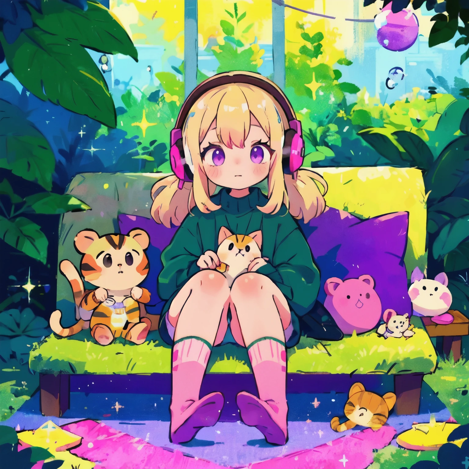 Monkey Girl, alone, Fluffy clothes, sweater, sleeve, socks, slipper, pastel colour, (purple, green, pink, yellow), comfortable, dream-like, performer, Stickers, bubble, Sparkling, shine, stuffed toy, Headphones,The most beautiful girl of all time、Little, Colorful cat hair