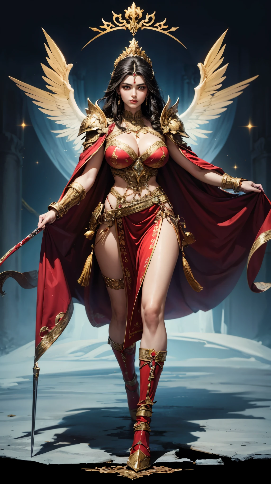 A full-body character design concept illustration of Deva Vishakha in the armor of the elite Indra Royal Guard. Deva Vishakha is depicted as a tall and athletic warrior with a commanding presence. She has piercing eyes and a dignified bearing, with long, dark hair often tied back in a practical style. Her skin has a radiant, ethereal glow, signifying her divine heritage. She wears intricately designed armor adorned with symbols of protection and power, and precious gemstones. The armor includes a flowing cape. She carries a sword with an ornate hilt and a shield with the emblem of the Vajra Vamsa clan. The background shows a majestic palace with intricate carvings, emphasizing her role as a formidable warrior and leader.",