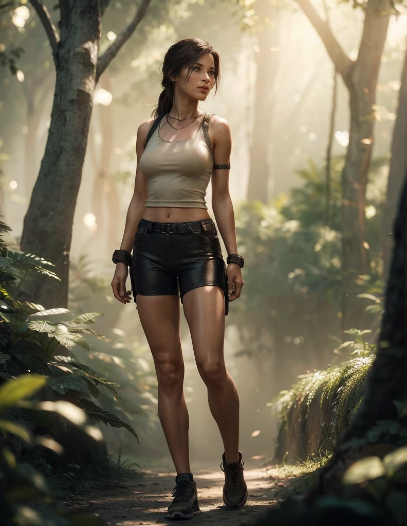 Lara Croft, brown eyes, (best quality, ultra-detailed), (realistic:1.37), beautiful and detailed face, ultra-realistic texture, delicate face, delicate body, red lipstick, bright colors. High definition, 8K, well defined legs